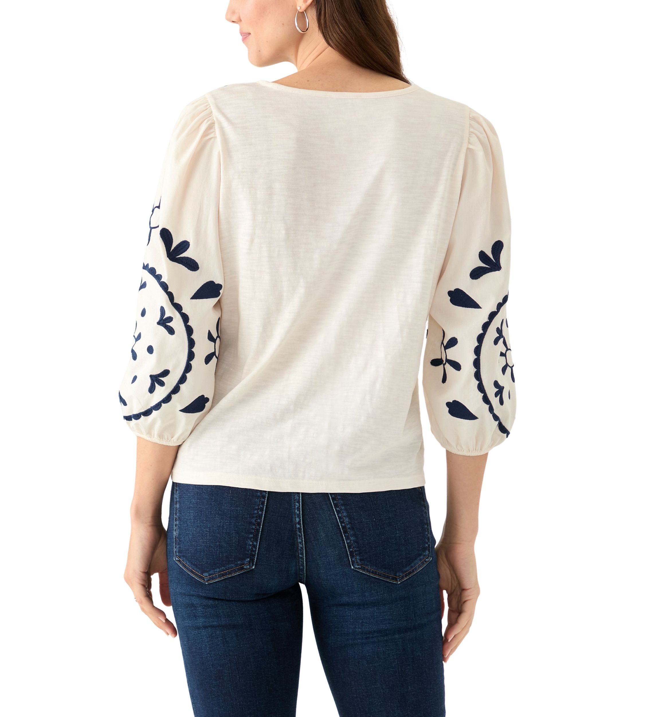 Womens 3/4 Sleeve Embroidered Knit Woven Top