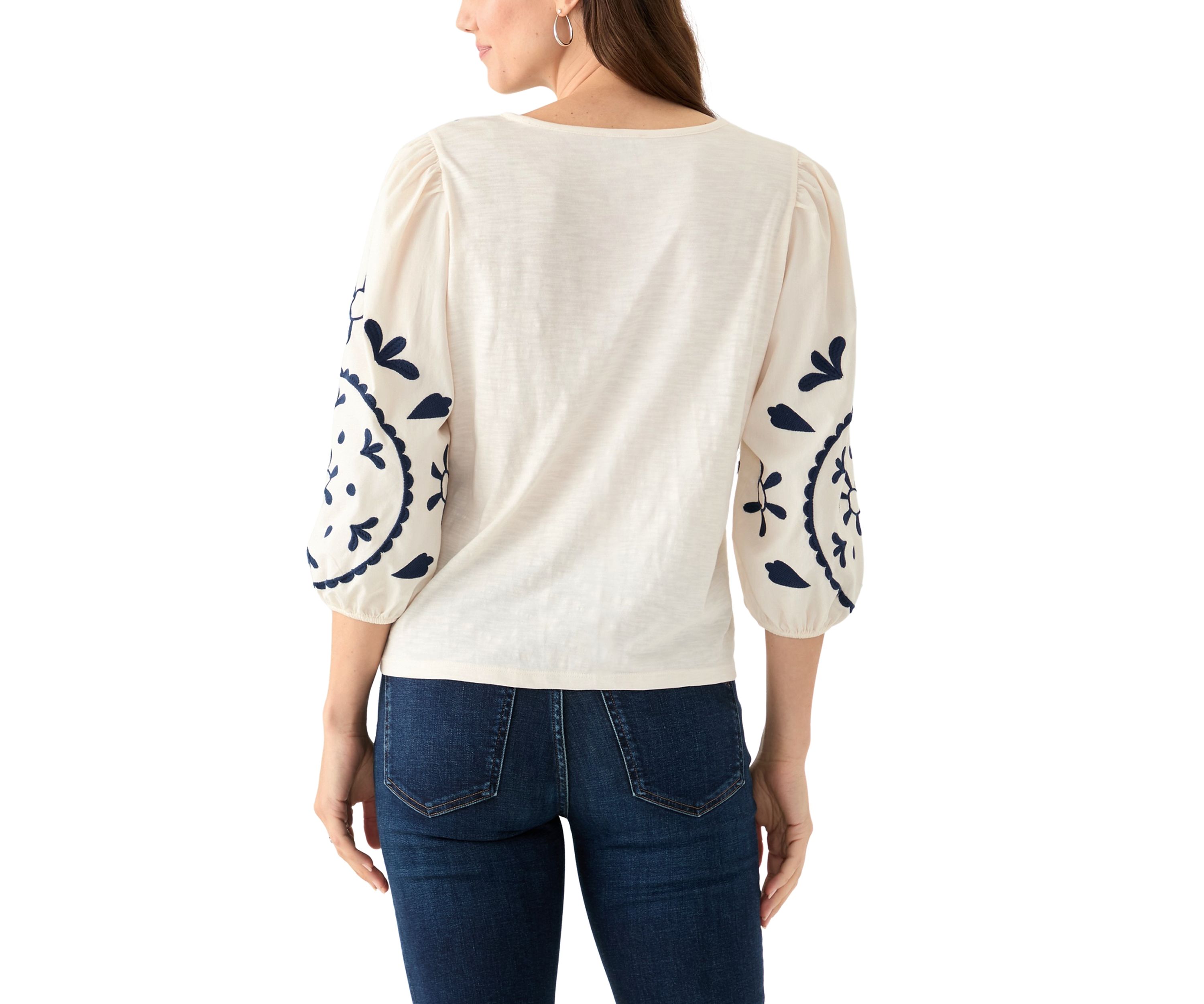 Womens 3/4 Sleeve Embroidered Knit Woven Top