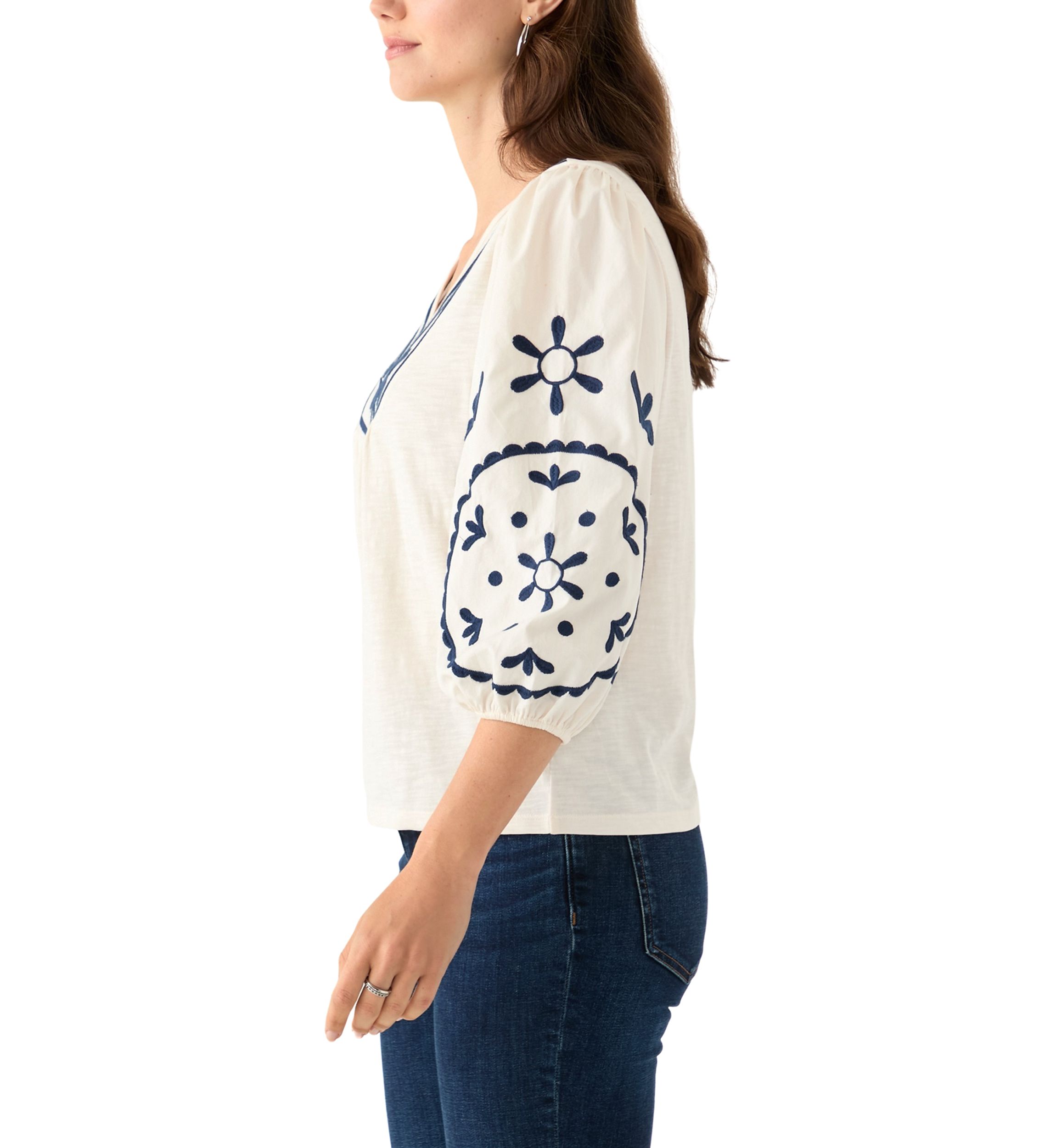 Womens 3/4 Sleeve Embroidered Knit Woven Top