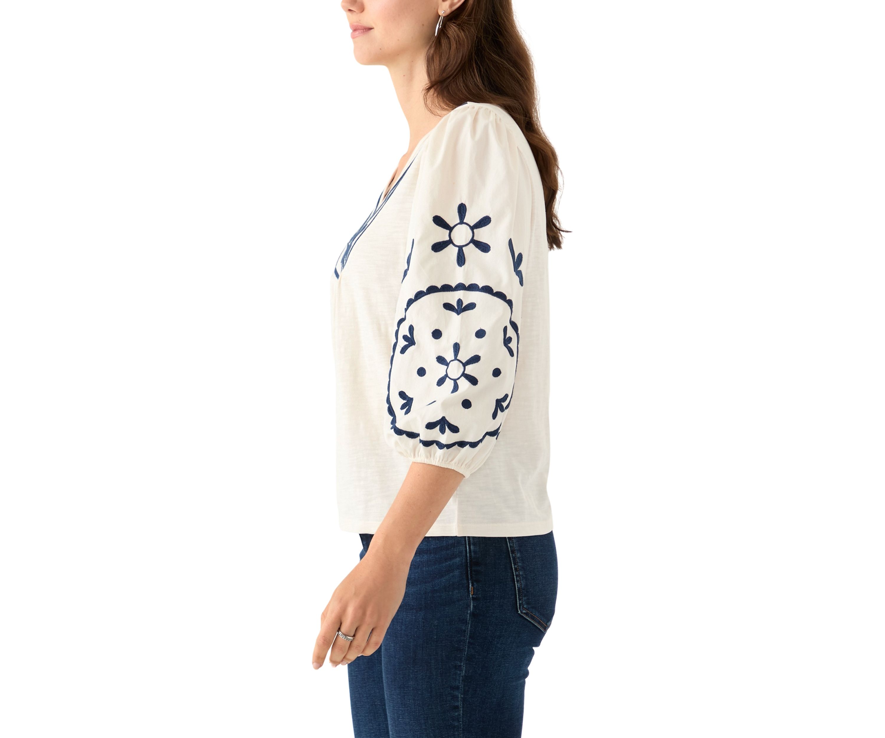 Womens 3/4 Sleeve Embroidered Knit Woven Top