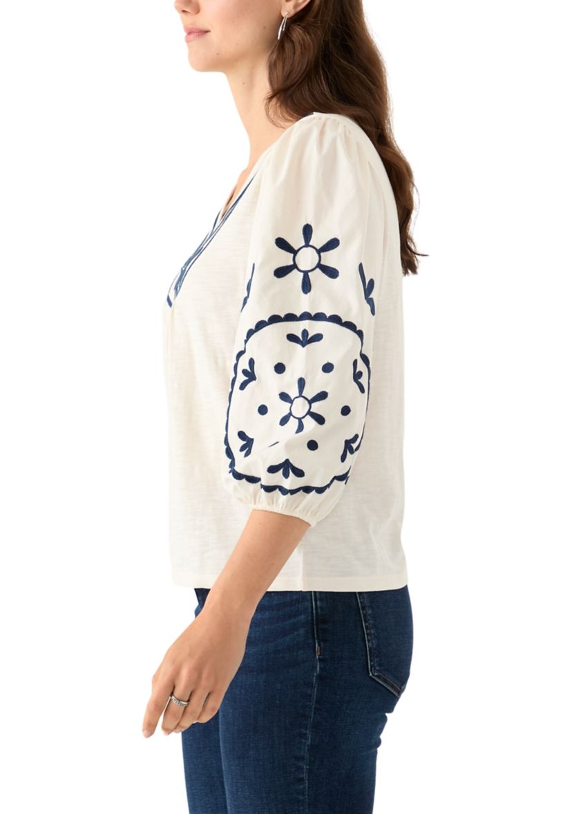 Womens 3/4 Sleeve Embroidered Knit Woven Top