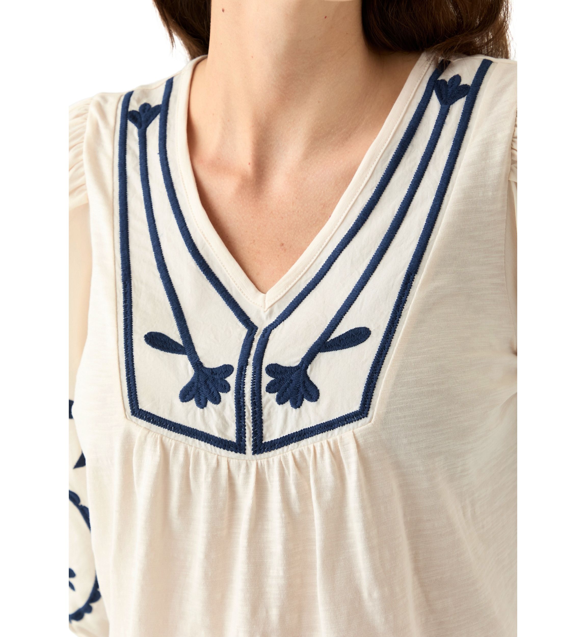 Womens 3/4 Sleeve Embroidered Knit Woven Top