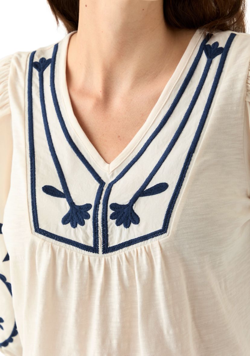 Womens 3/4 Sleeve Embroidered Knit Woven Top