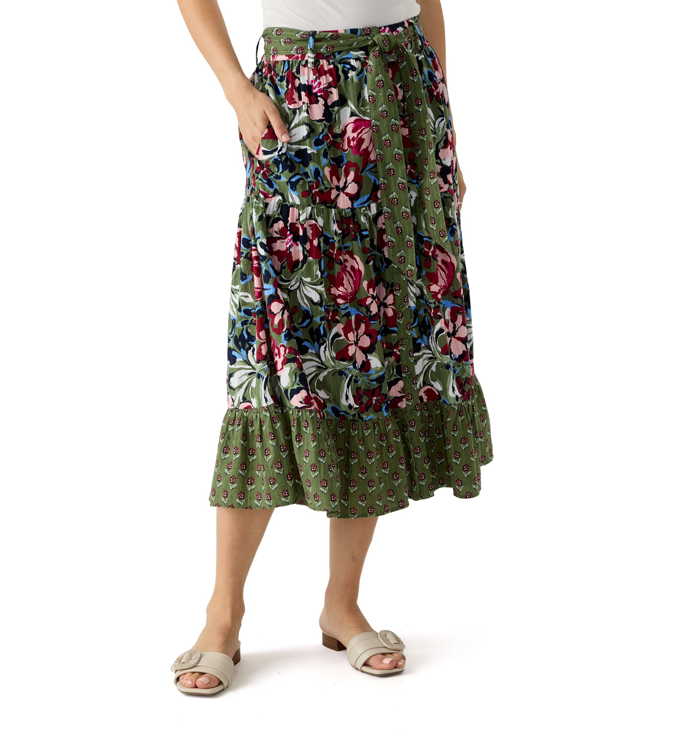 Womens Button Front Midi Skirt