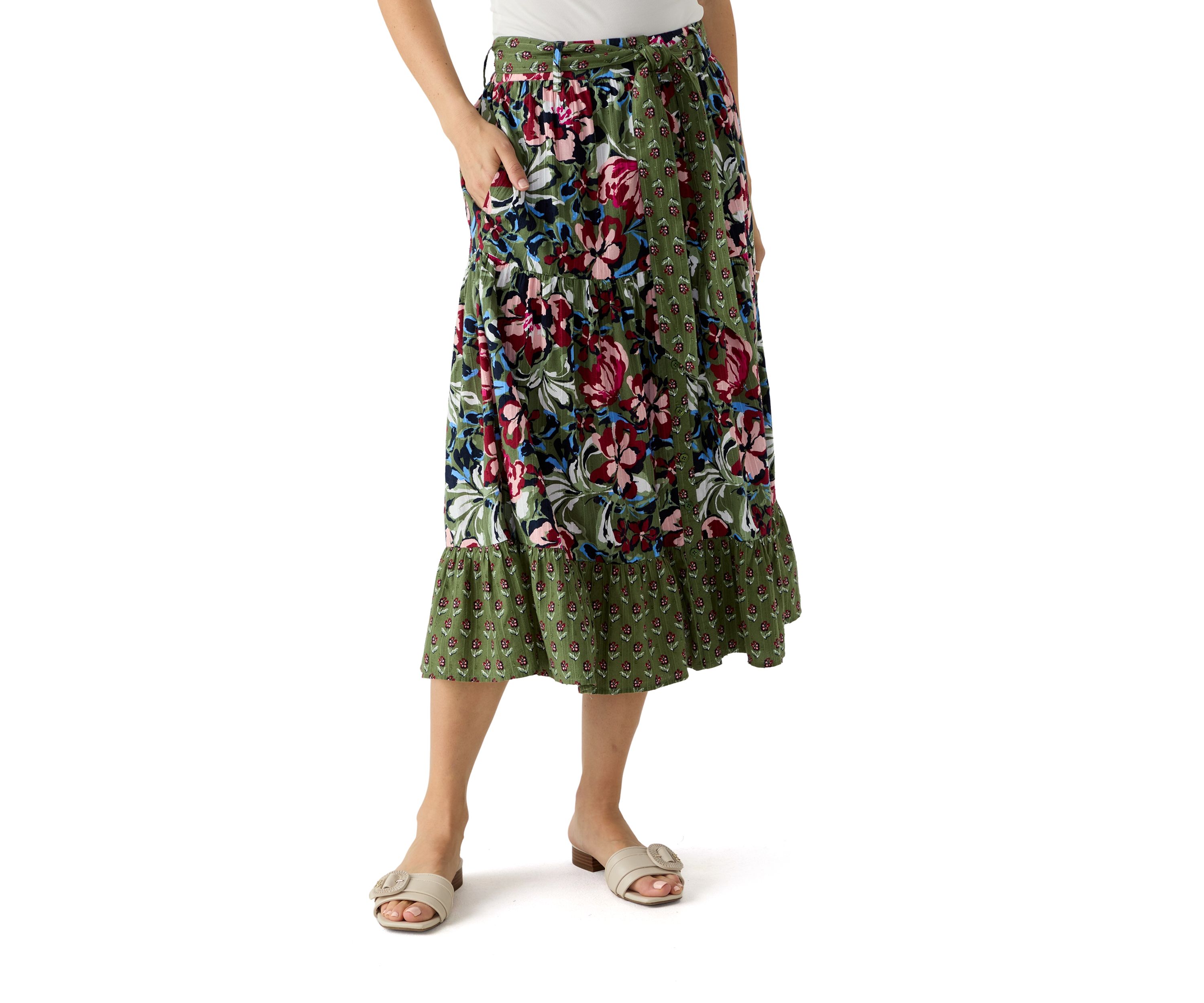 Womens Button Front Midi Skirt