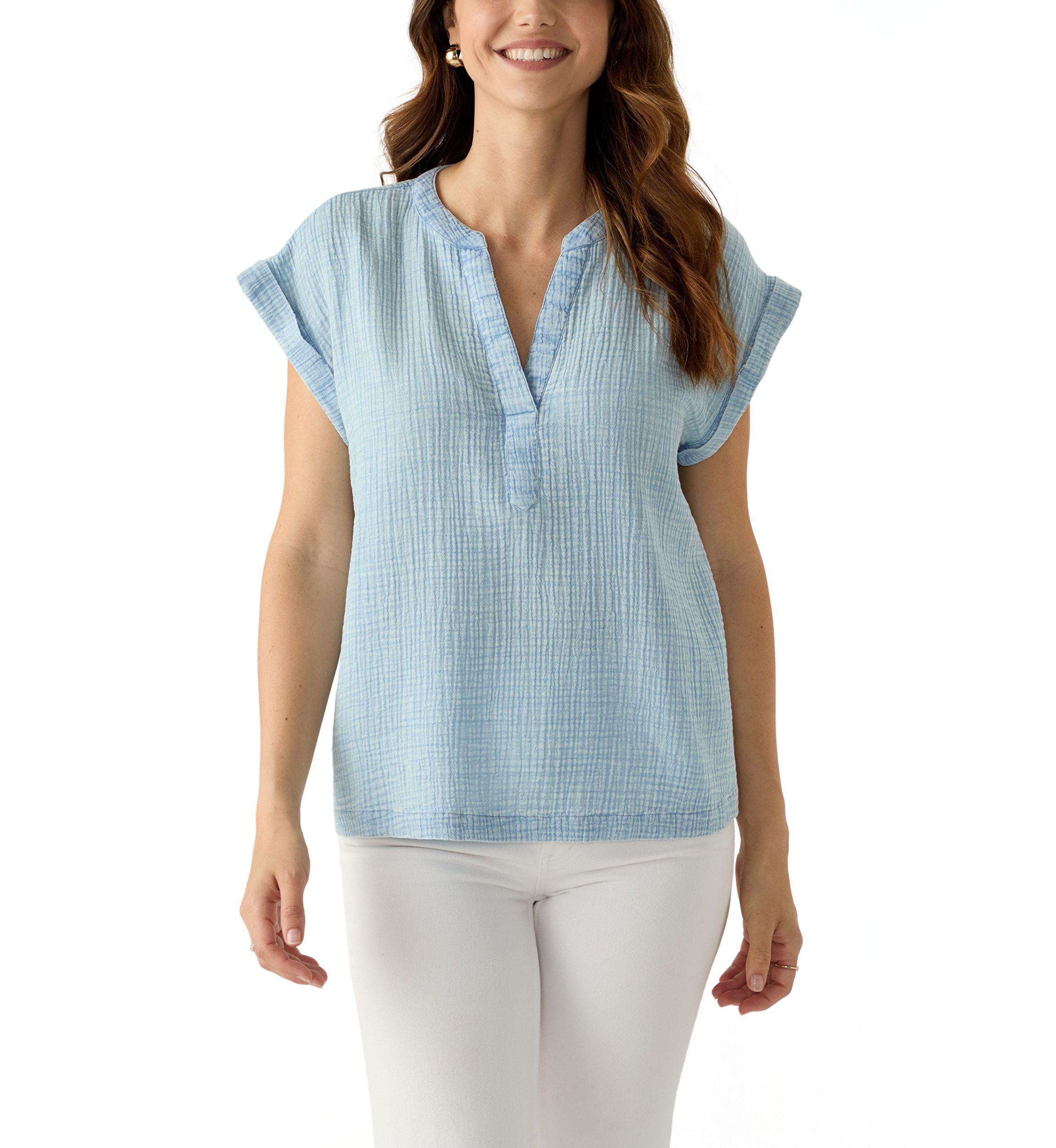 Womens Short Sleeve Split Neck Gauze Top