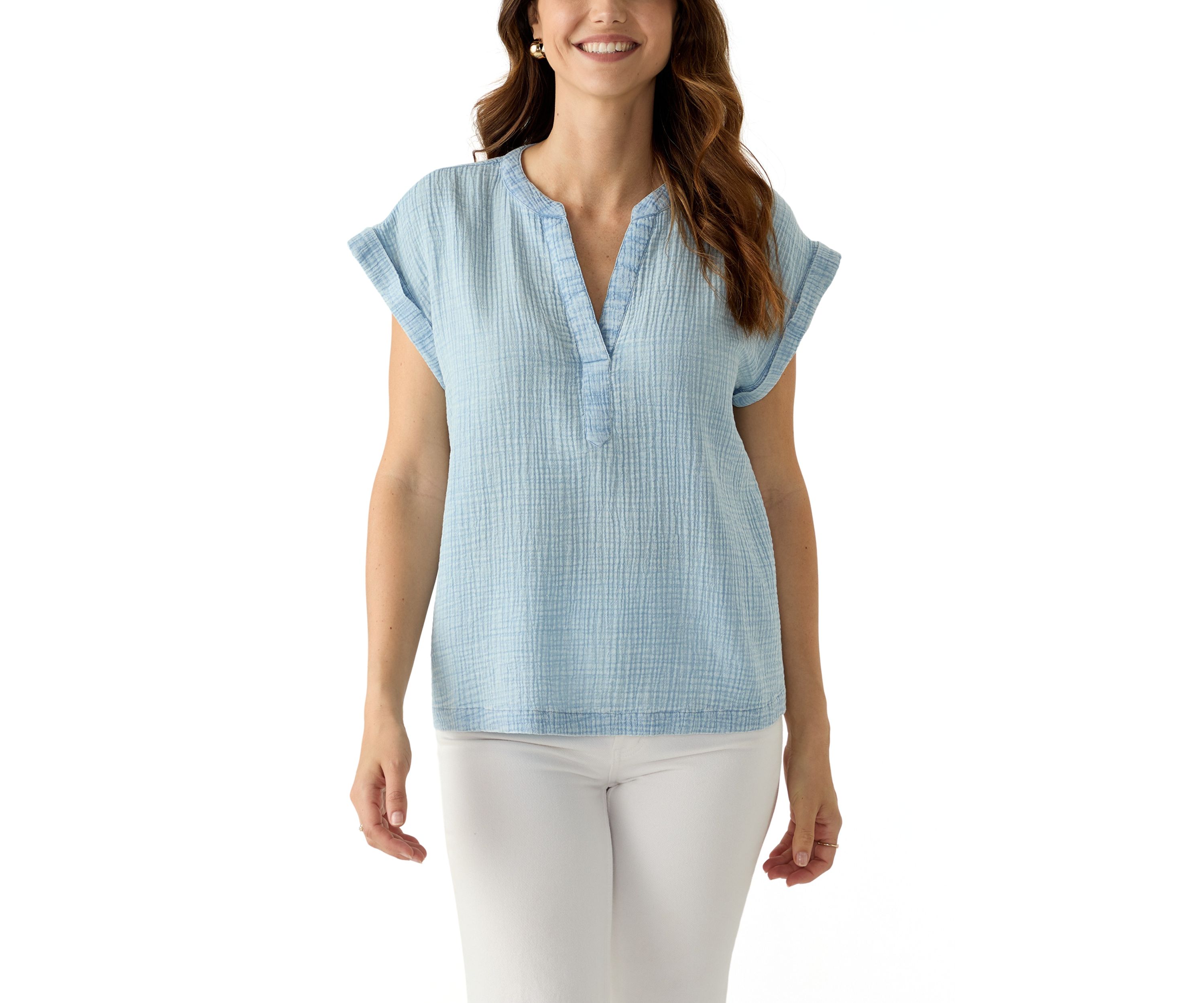 Womens Short Sleeve Split Neck Gauze Top