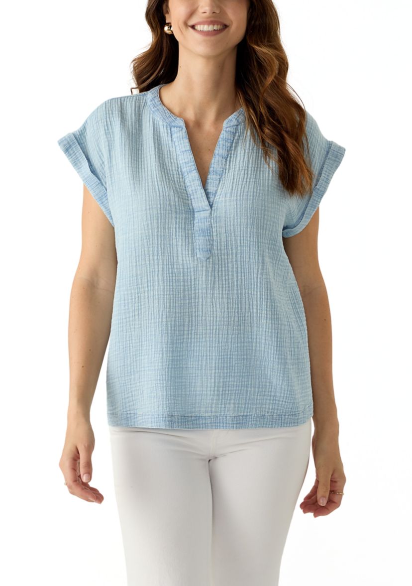 Womens Short Sleeve Split Neck Gauze Top