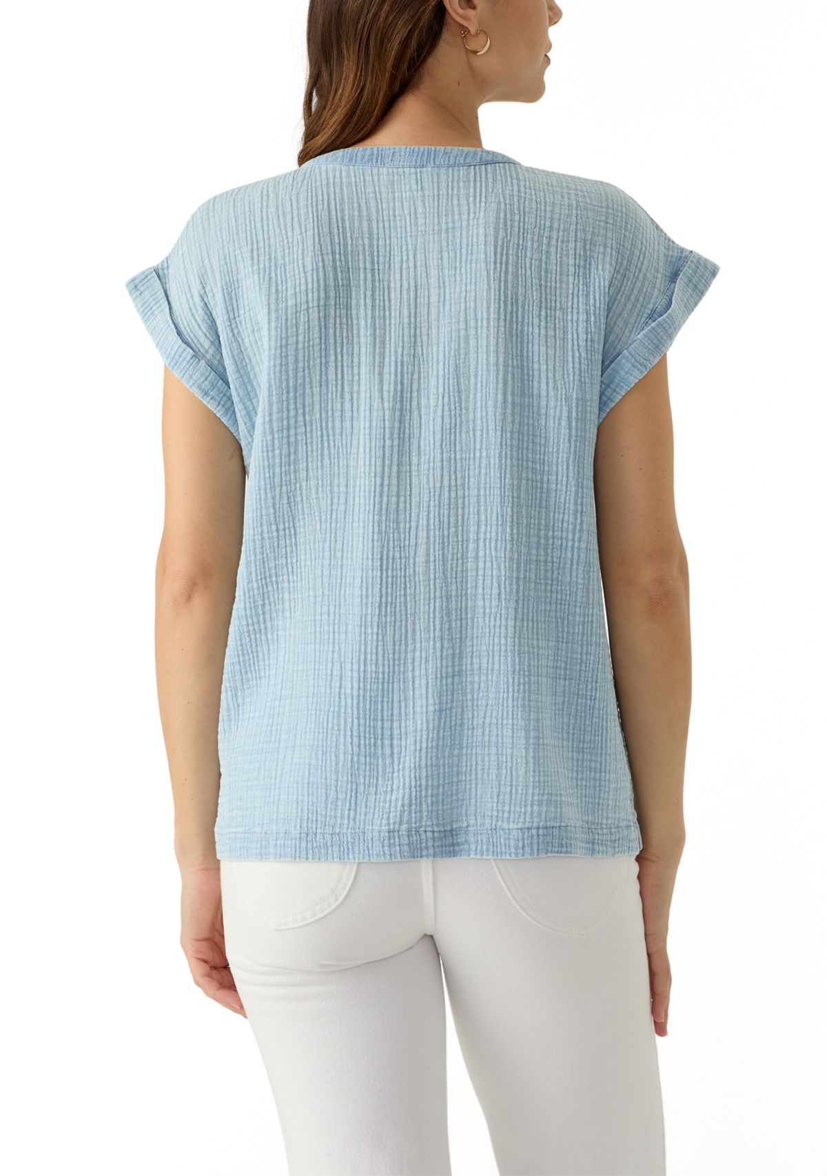 Womens Short Sleeve Split Neck Gauze Top