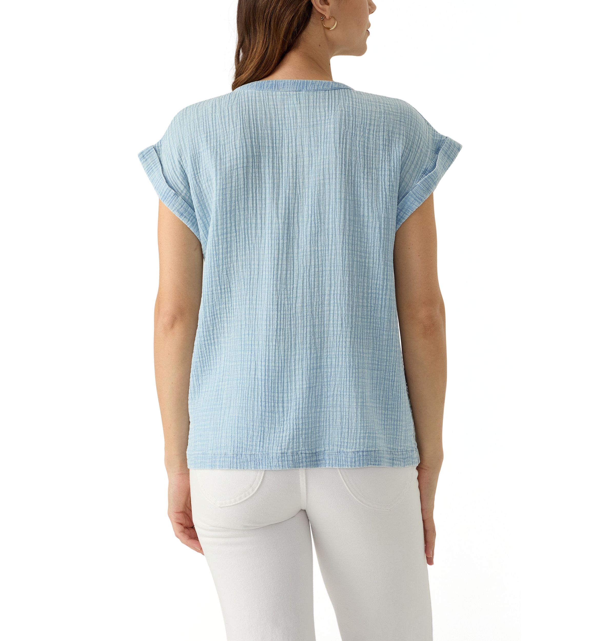 Womens Short Sleeve Split Neck Gauze Top