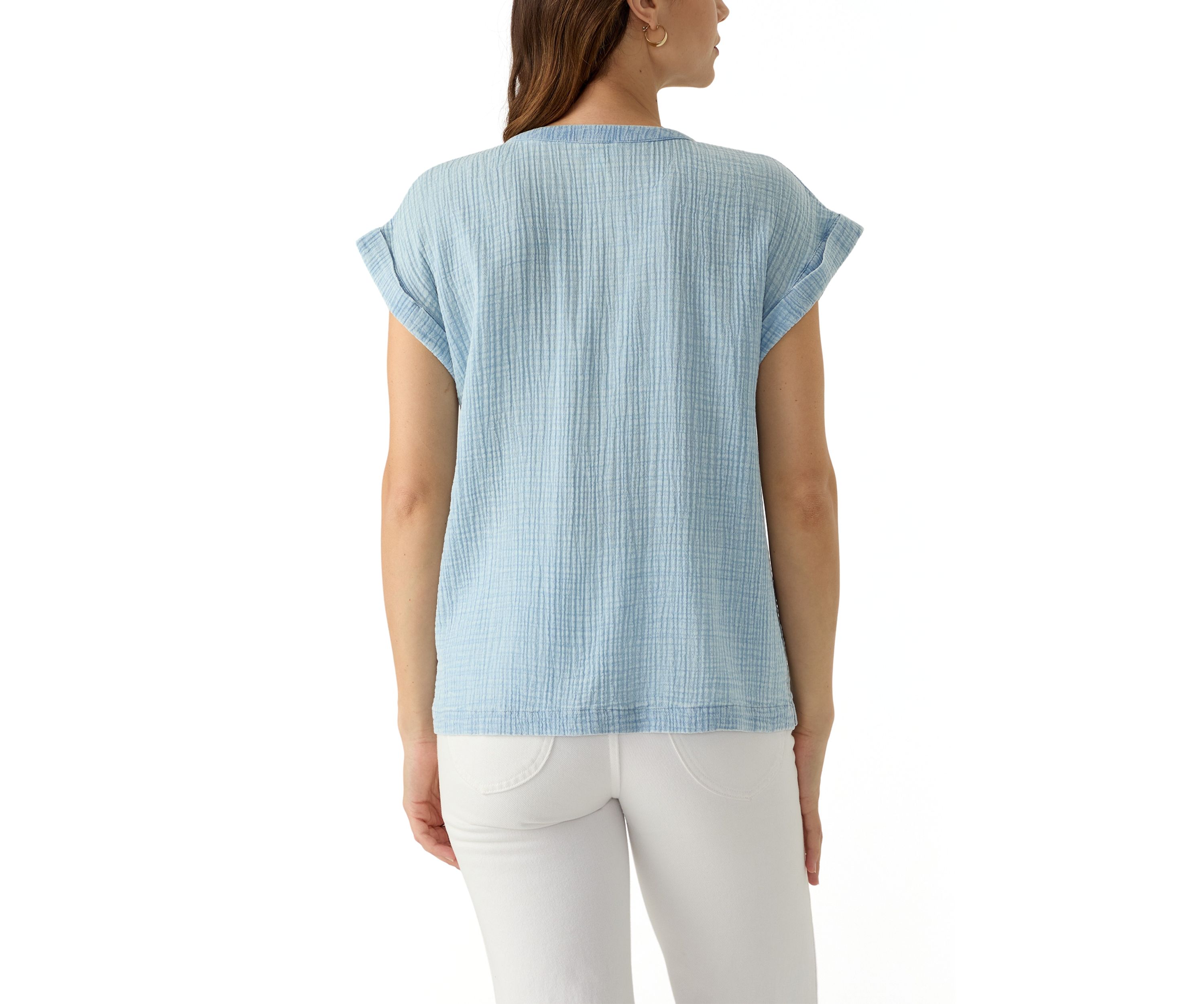 Womens Short Sleeve Split Neck Gauze Top