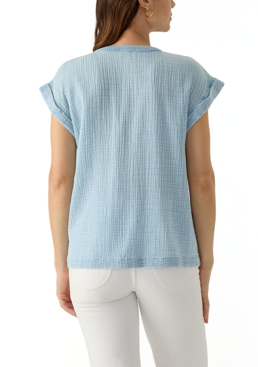 Womens Short Sleeve Split Neck Gauze Top