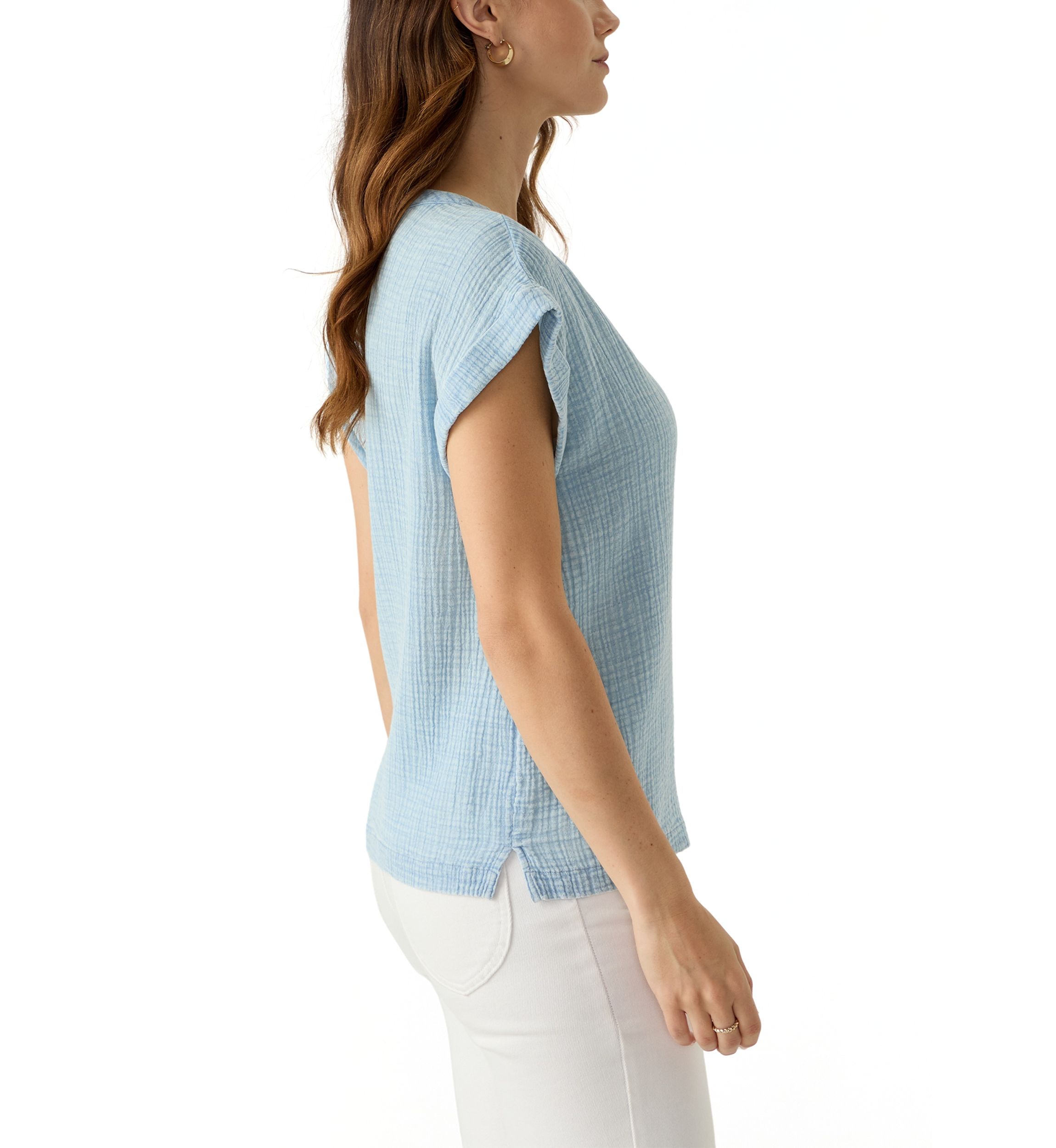 Womens Short Sleeve Split Neck Gauze Top
