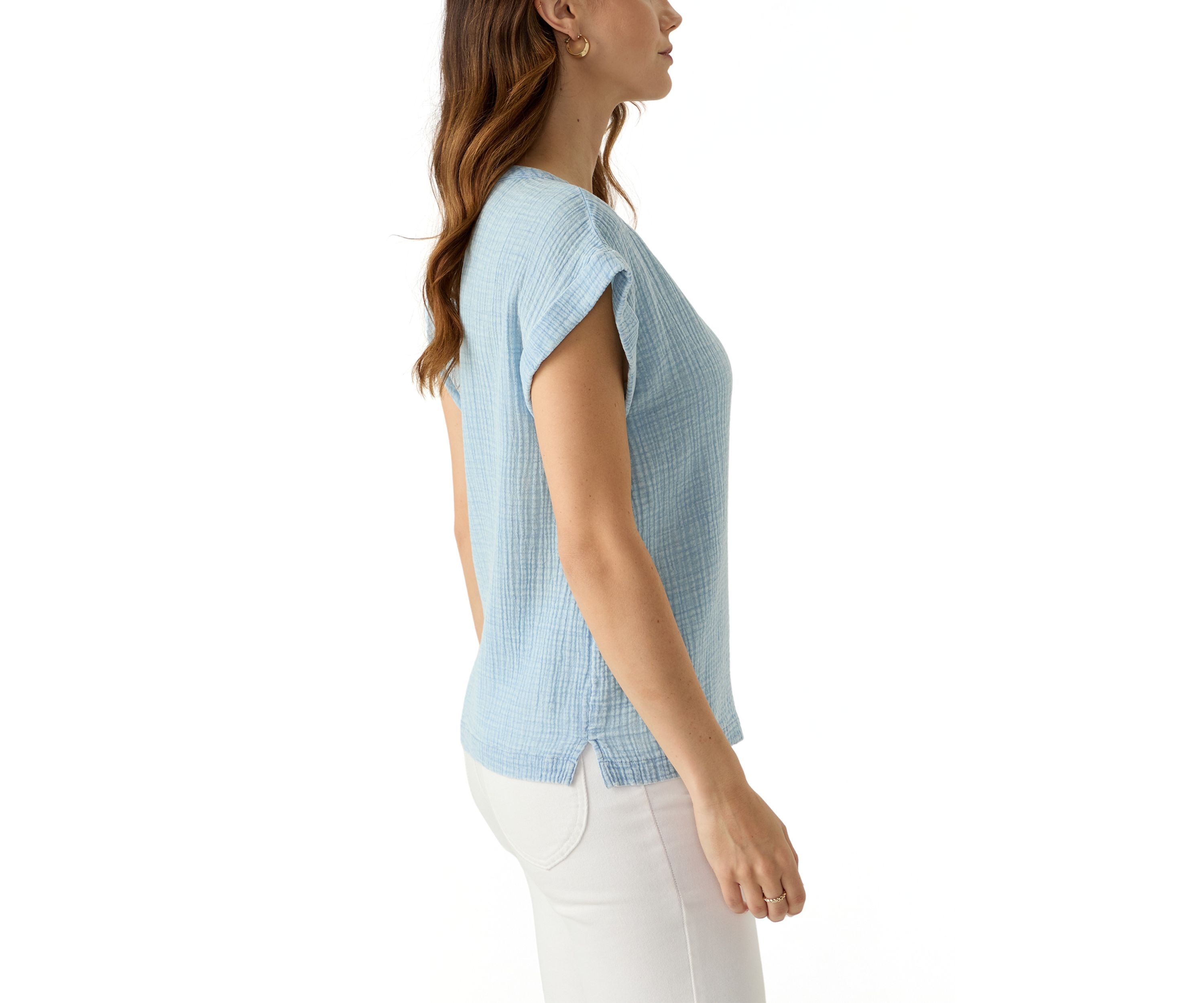 Womens Short Sleeve Split Neck Gauze Top