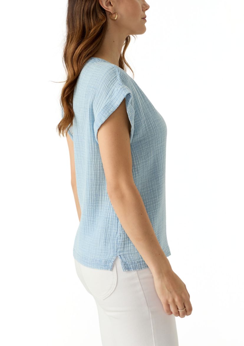 Womens Short Sleeve Split Neck Gauze Top