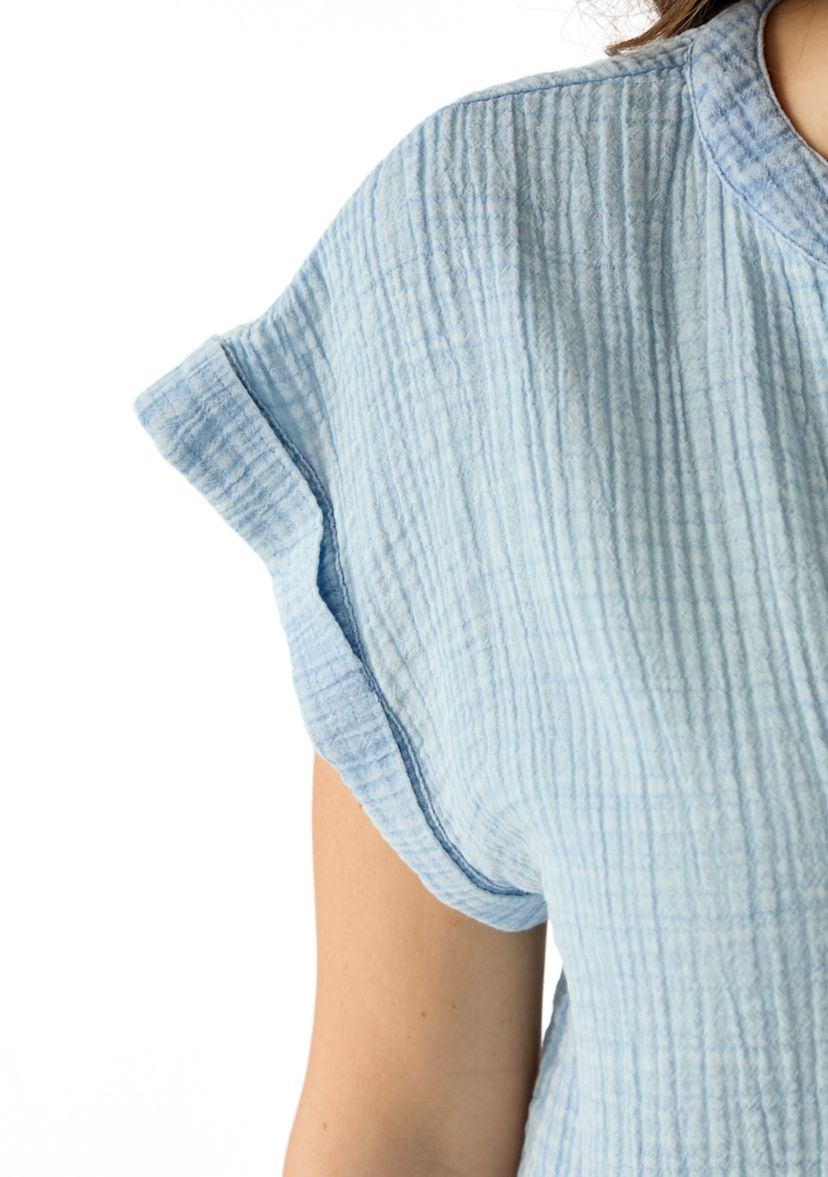 Womens Short Sleeve Split Neck Gauze Top