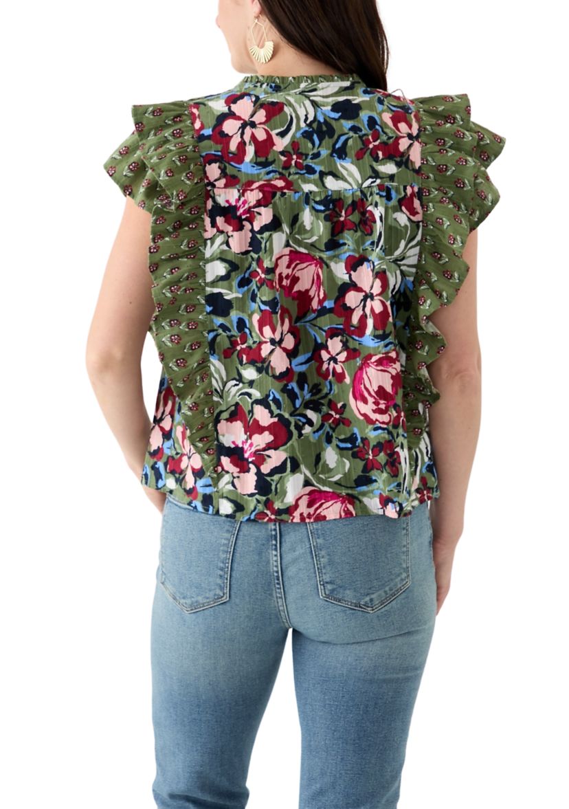 Womens Flutter Sleeve Henley Top