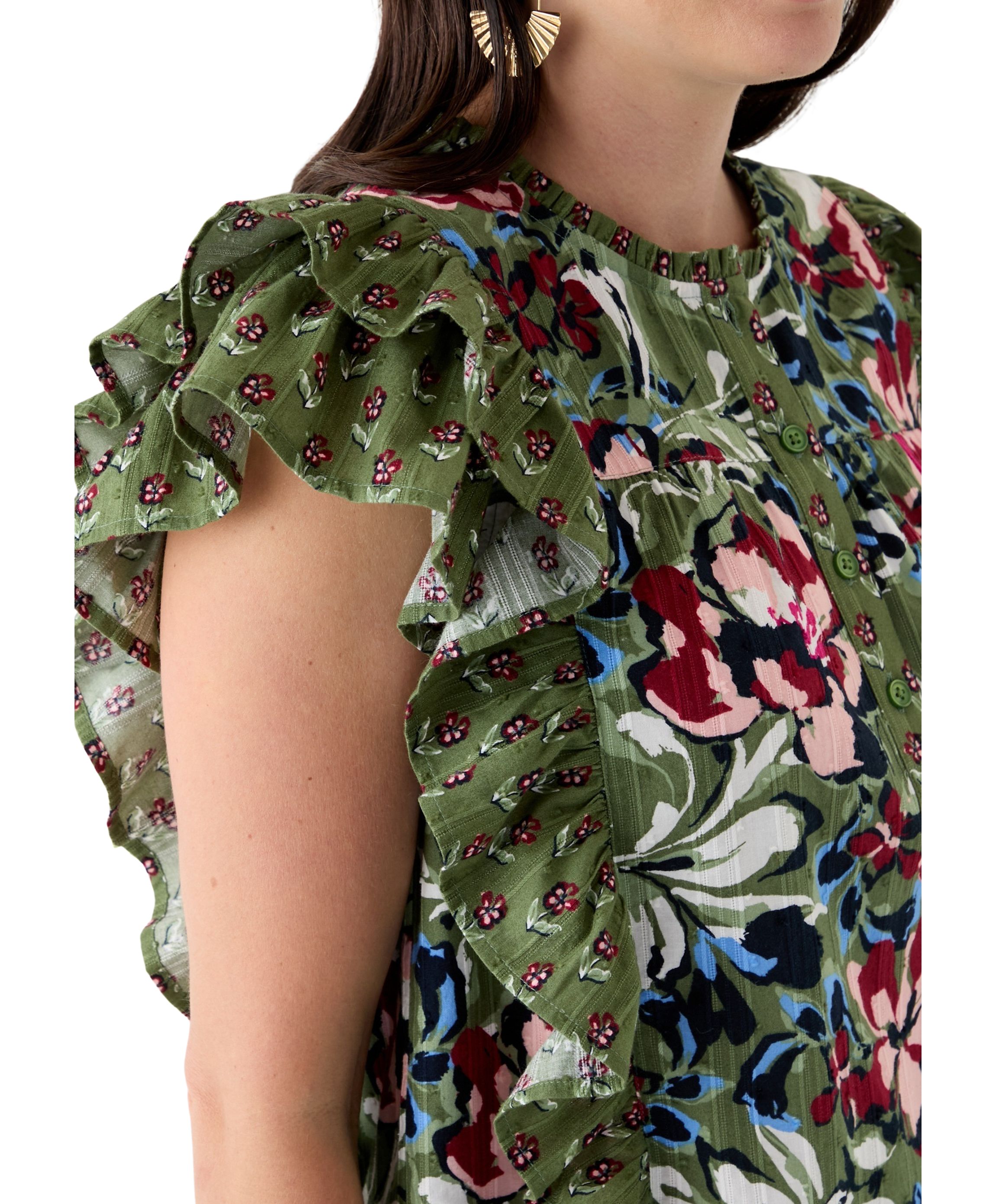 Womens Flutter Sleeve Henley Top