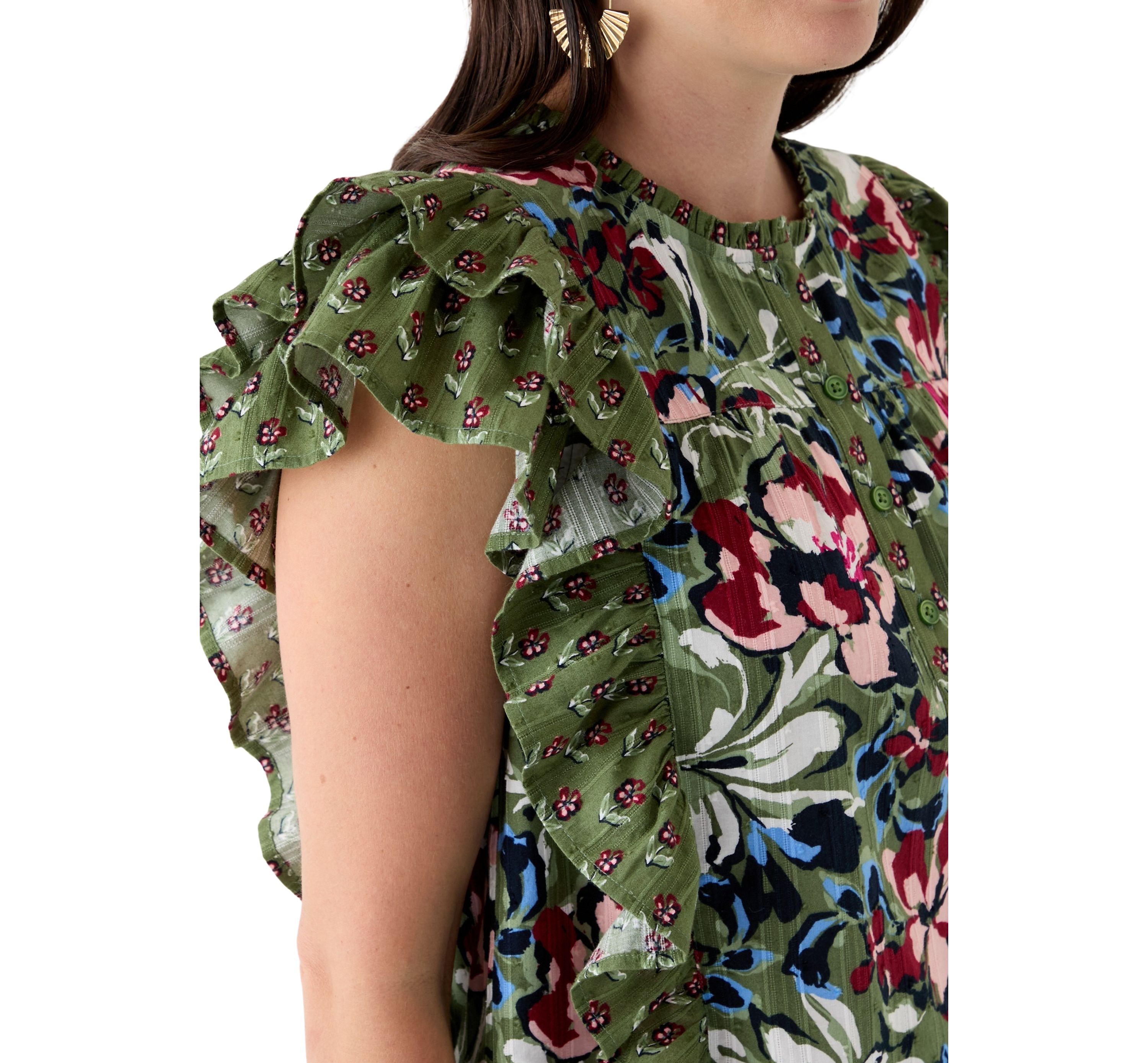 Womens Flutter Sleeve Henley Top