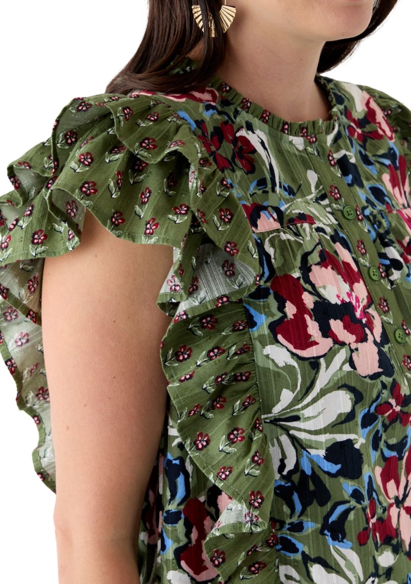 Womens Flutter Sleeve Henley Top