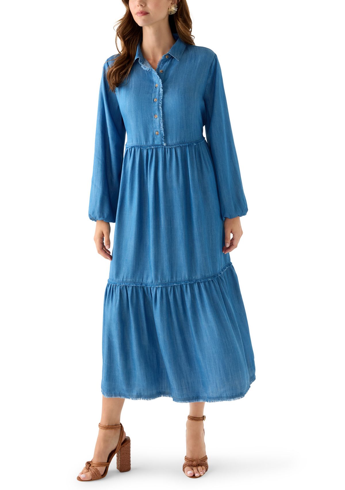 Womens 3/4 Raw Edge Tiered Maxi Skirt