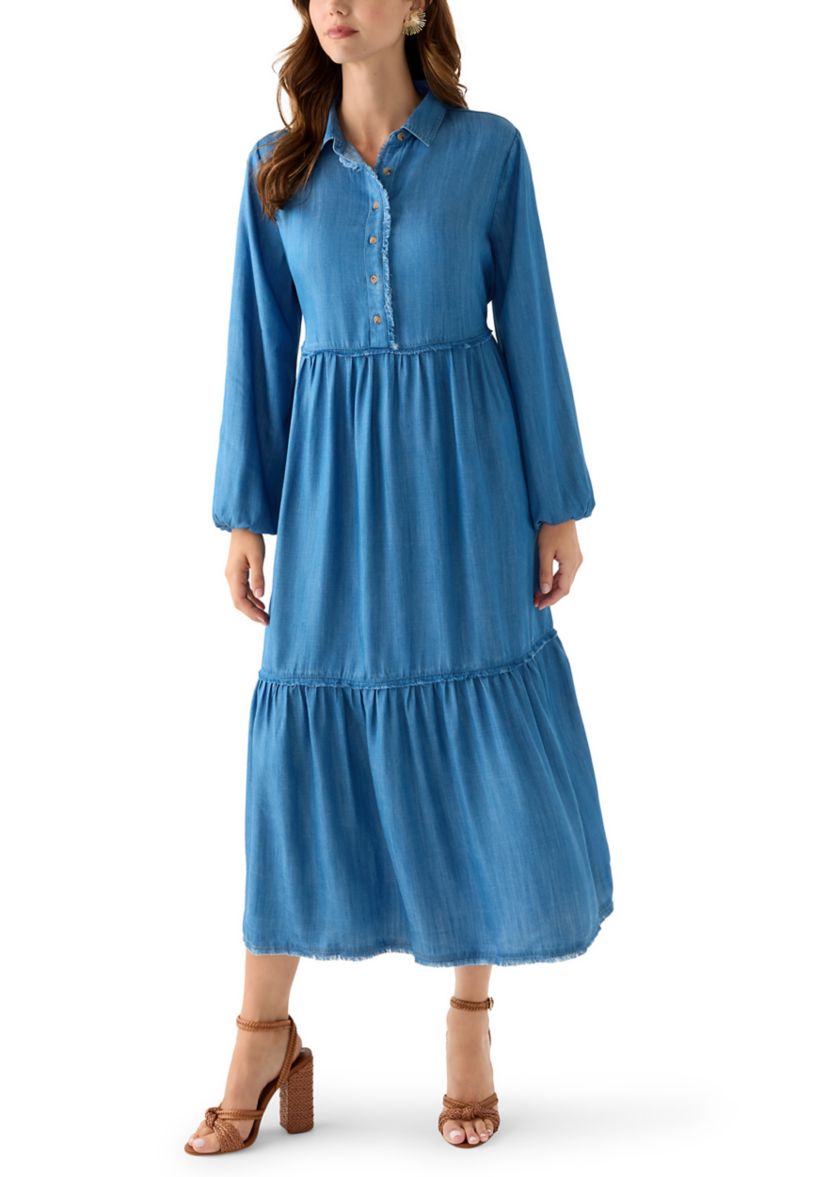 Womens 3/4 Raw Edge Tiered Maxi Skirt