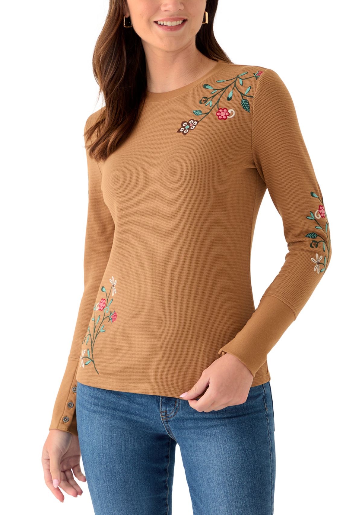 Womens Long Sleeve Crew Top with Placed Embroidery