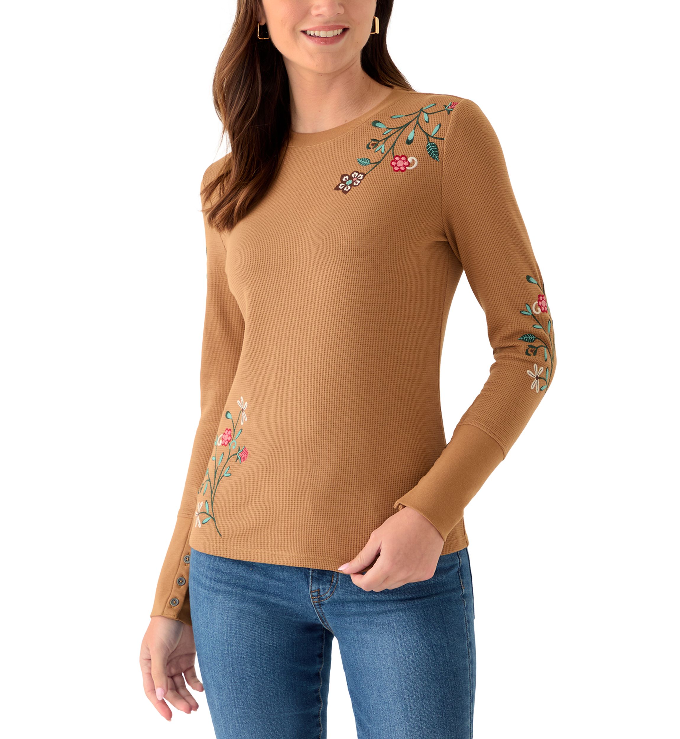 Womens Long Sleeve Crew Top with Placed Embroidery