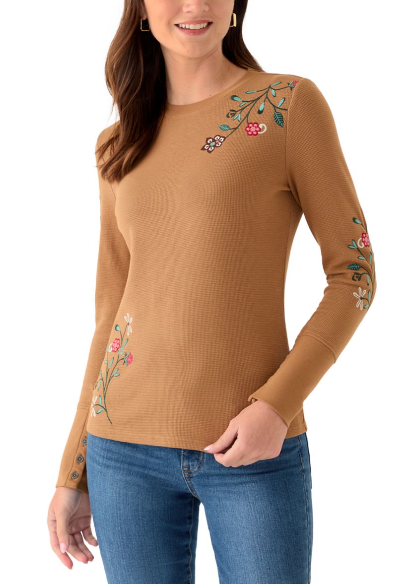 Womens Long Sleeve Crew Top with Placed Embroidery