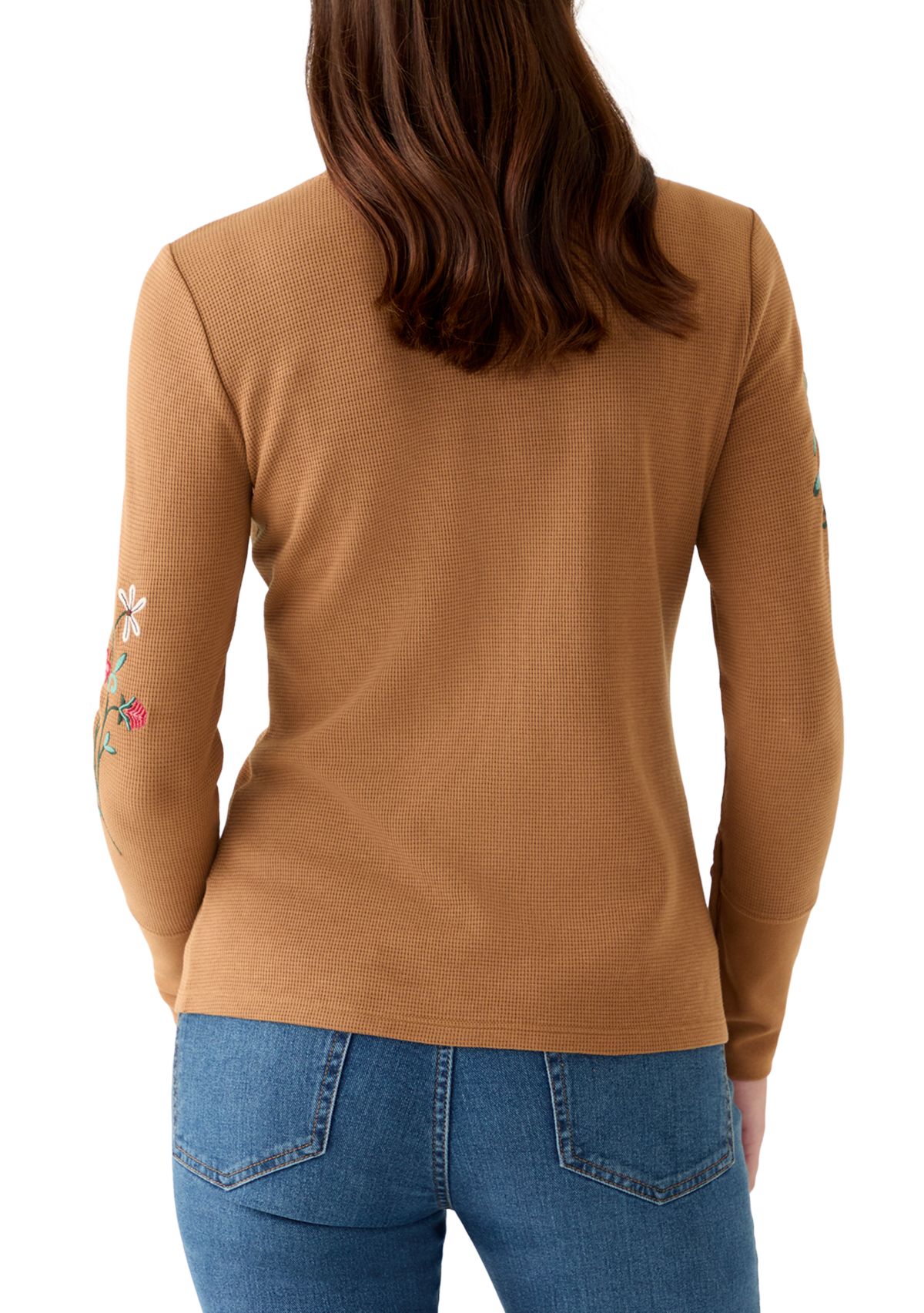 Womens Long Sleeve Crew Top with Placed Embroidery