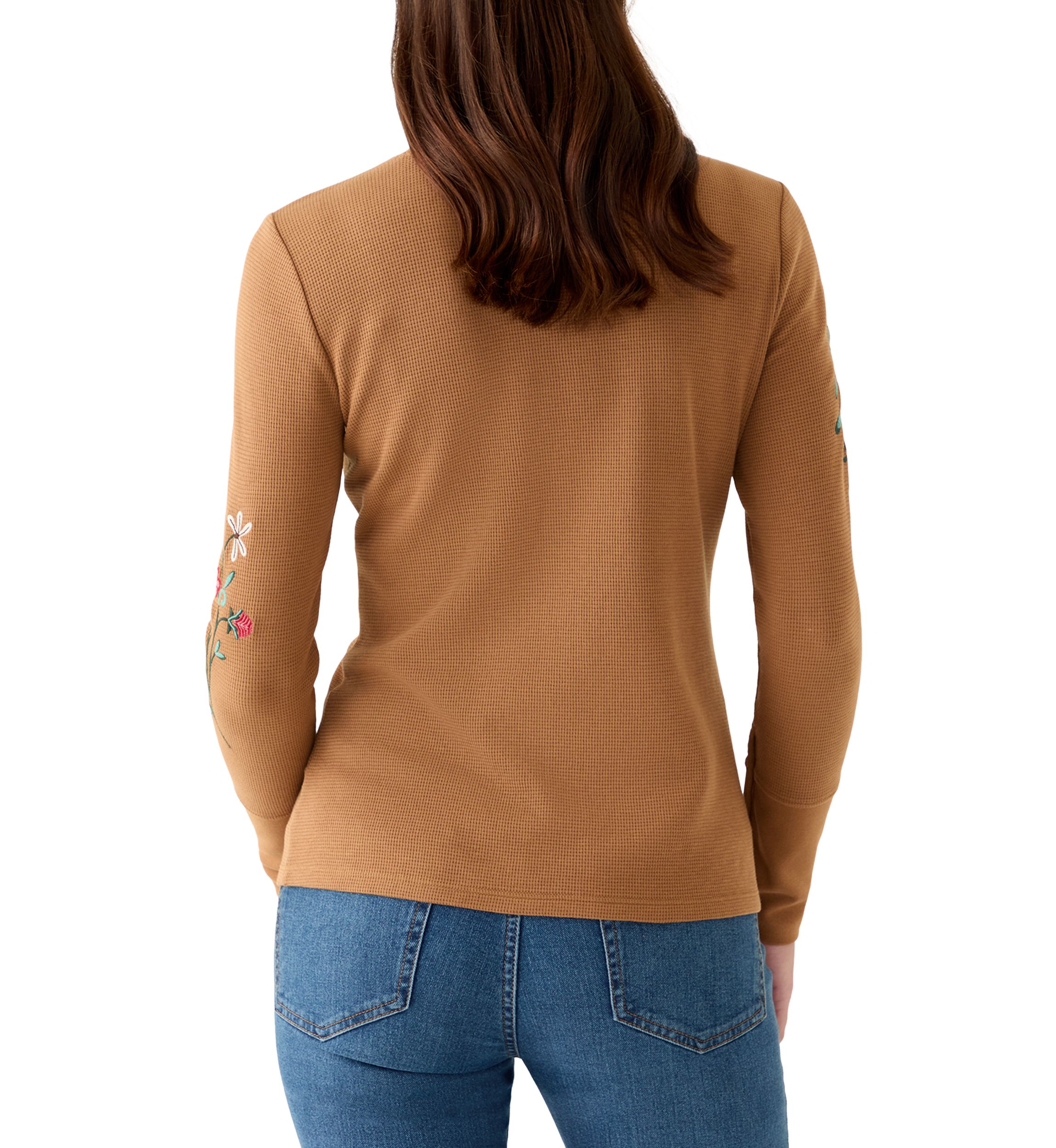 Womens Long Sleeve Crew Top with Placed Embroidery