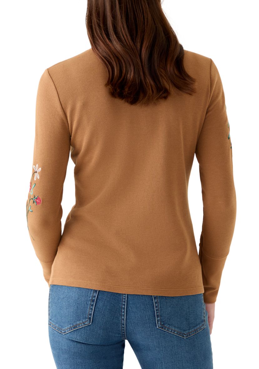 Womens Long Sleeve Crew Top with Placed Embroidery