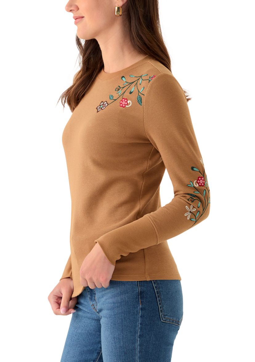 Womens Long Sleeve Crew Top with Placed Embroidery