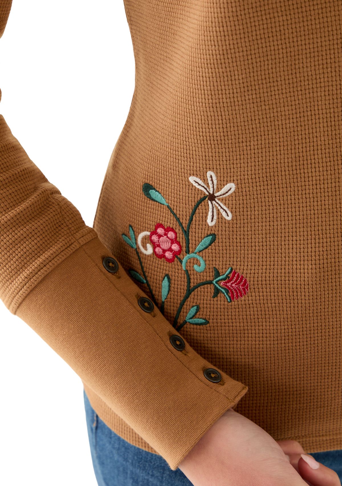 Womens Long Sleeve Crew Top with Placed Embroidery