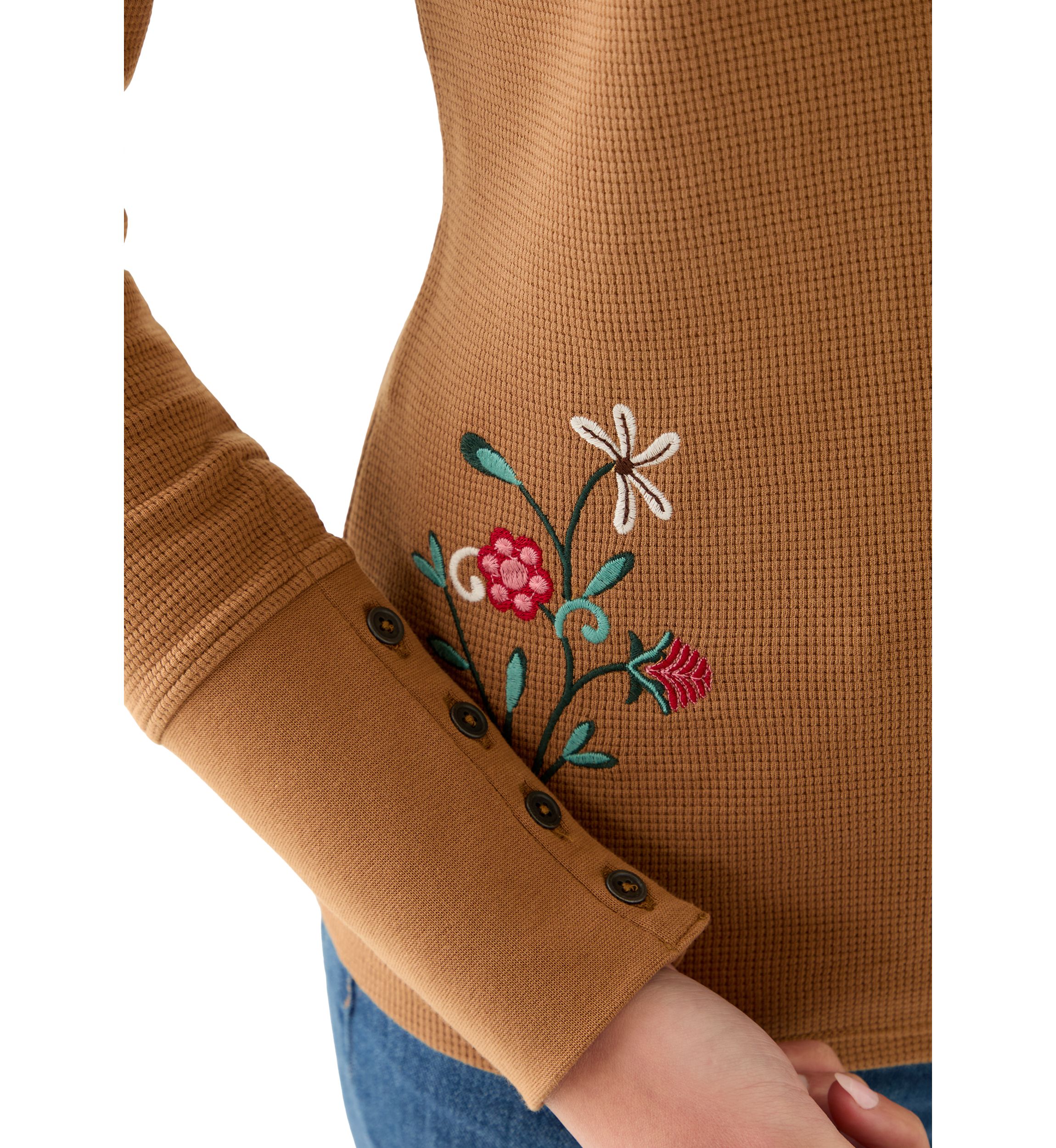Womens Long Sleeve Crew Top with Placed Embroidery