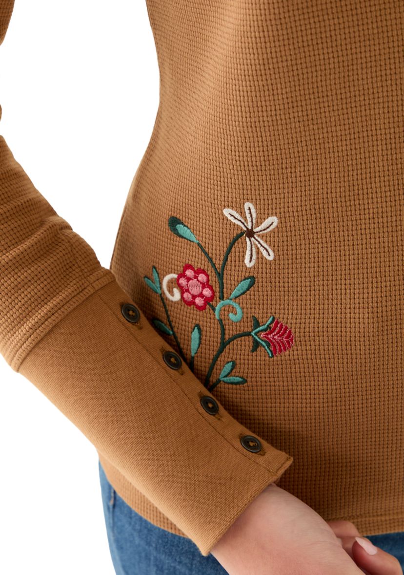 Womens Long Sleeve Crew Top with Placed Embroidery