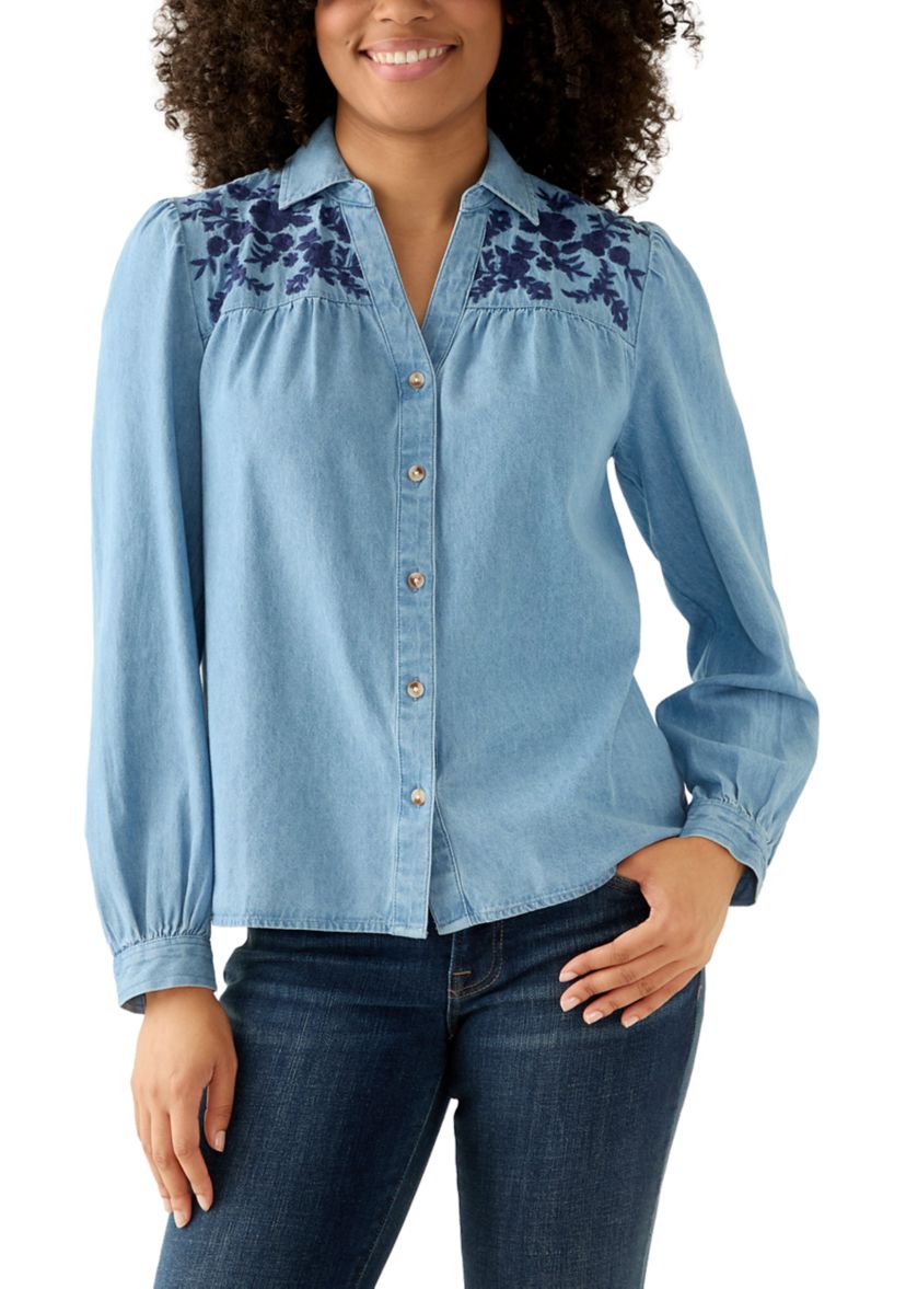 Womens Long Sleeve Button Down Shirt with Embroidered Yoke