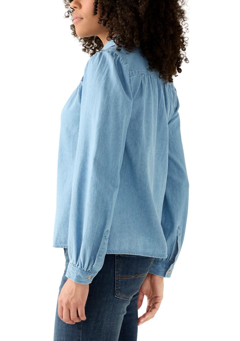 Womens Long Sleeve Button Down Shirt with Embroidered Yoke