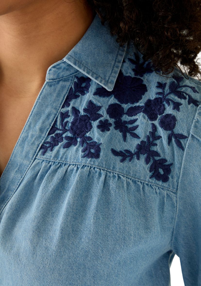 Womens Long Sleeve Button Down Shirt with Embroidered Yoke