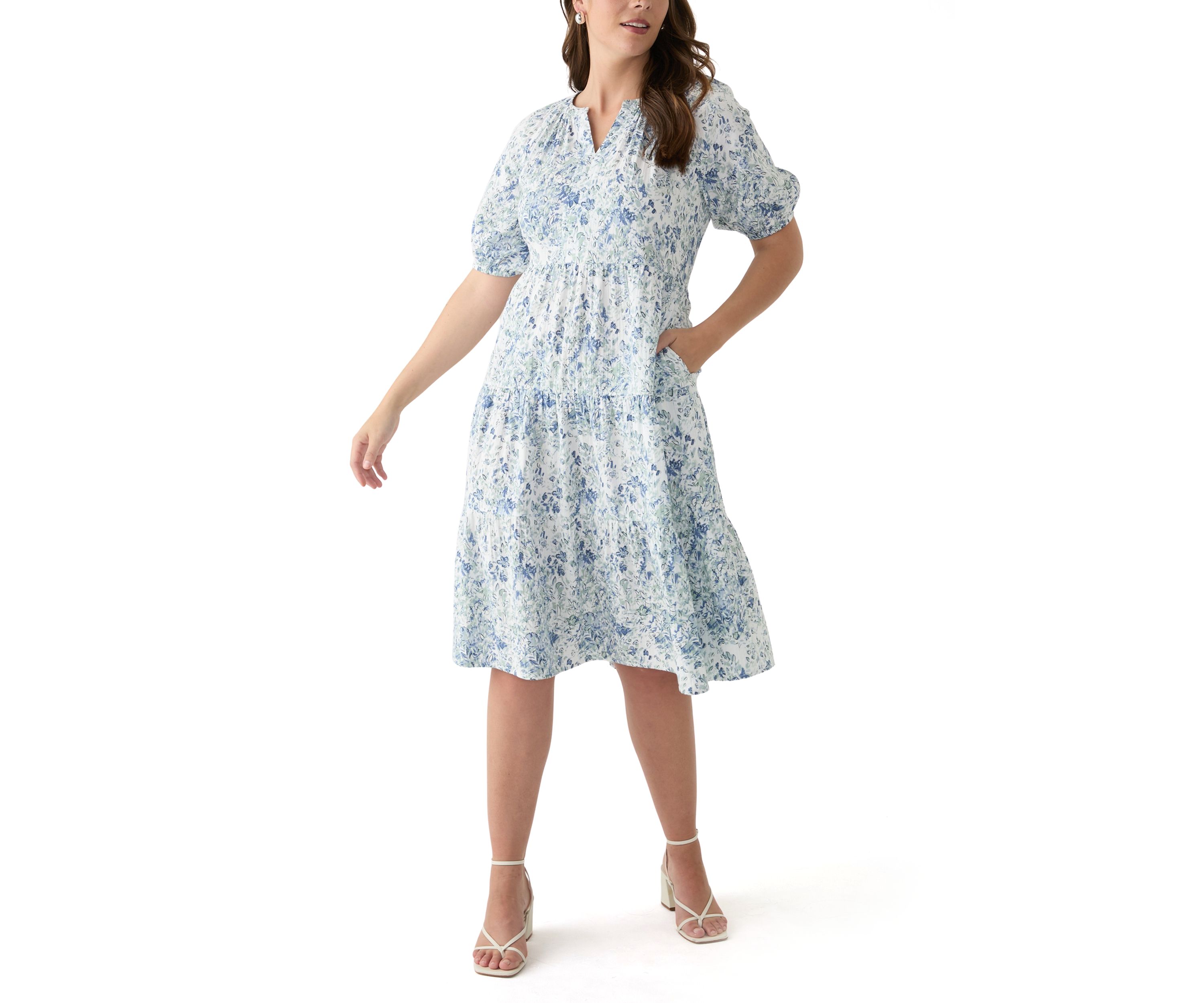 Womens Split Neck Printed Midi Dress