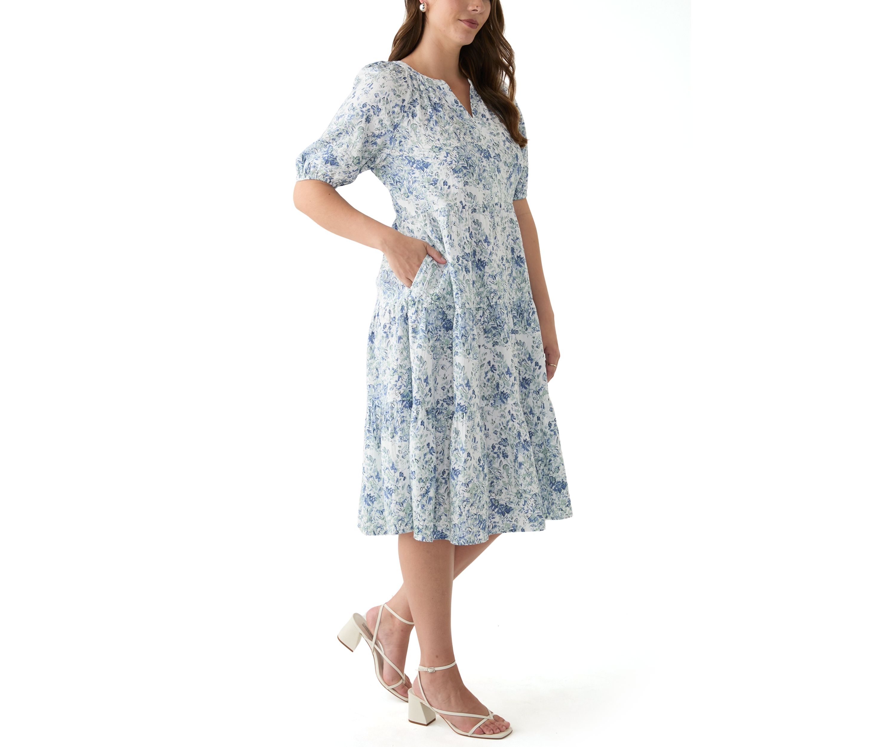 Womens Split Neck Printed Midi Dress