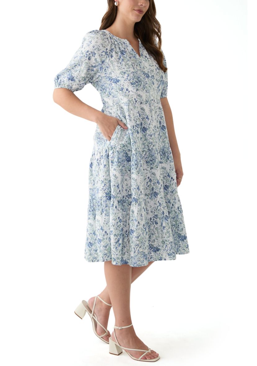 Womens Split Neck Printed Midi Dress