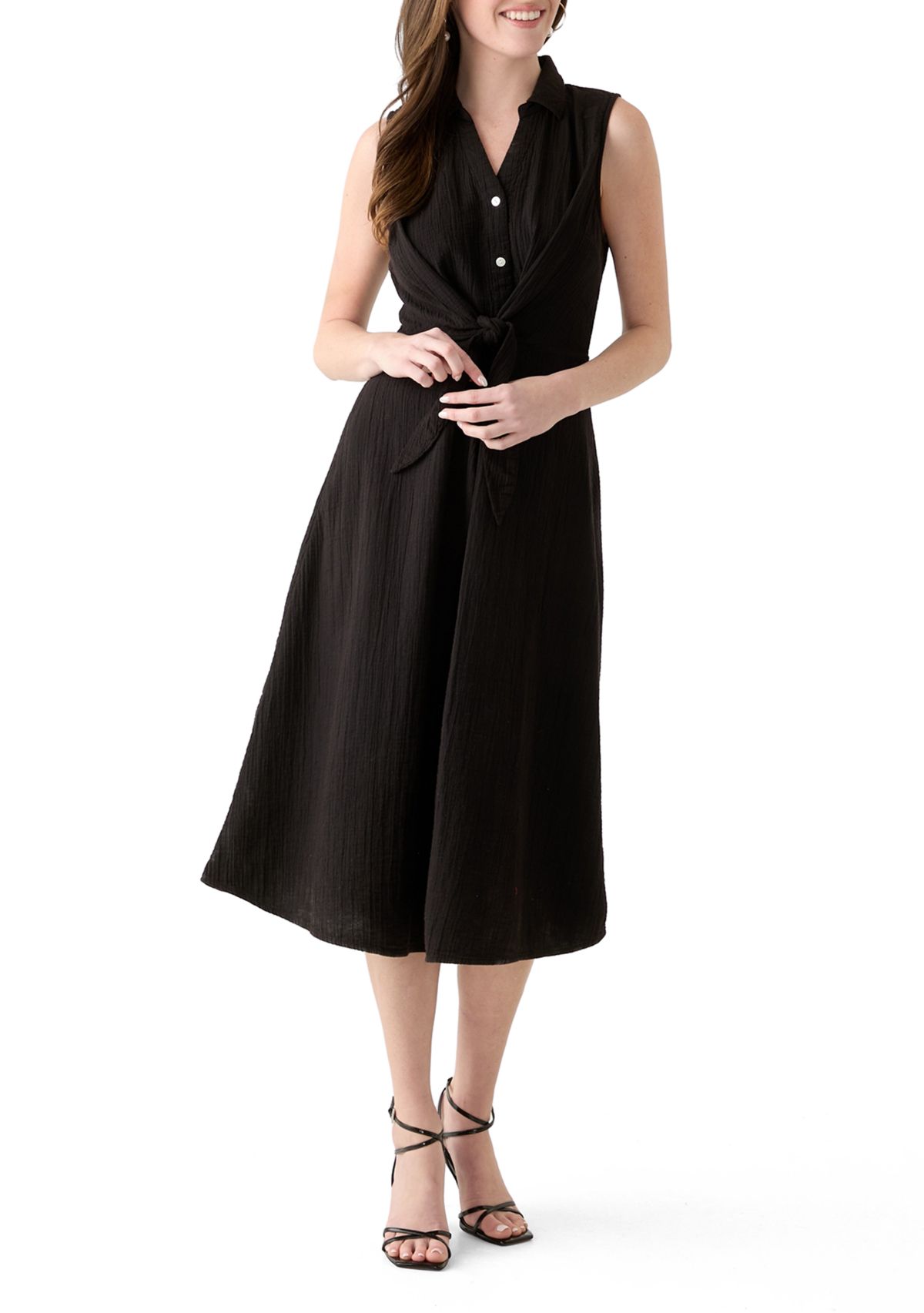 Womens Sleeveless Tie Front Gauze Midi Dress