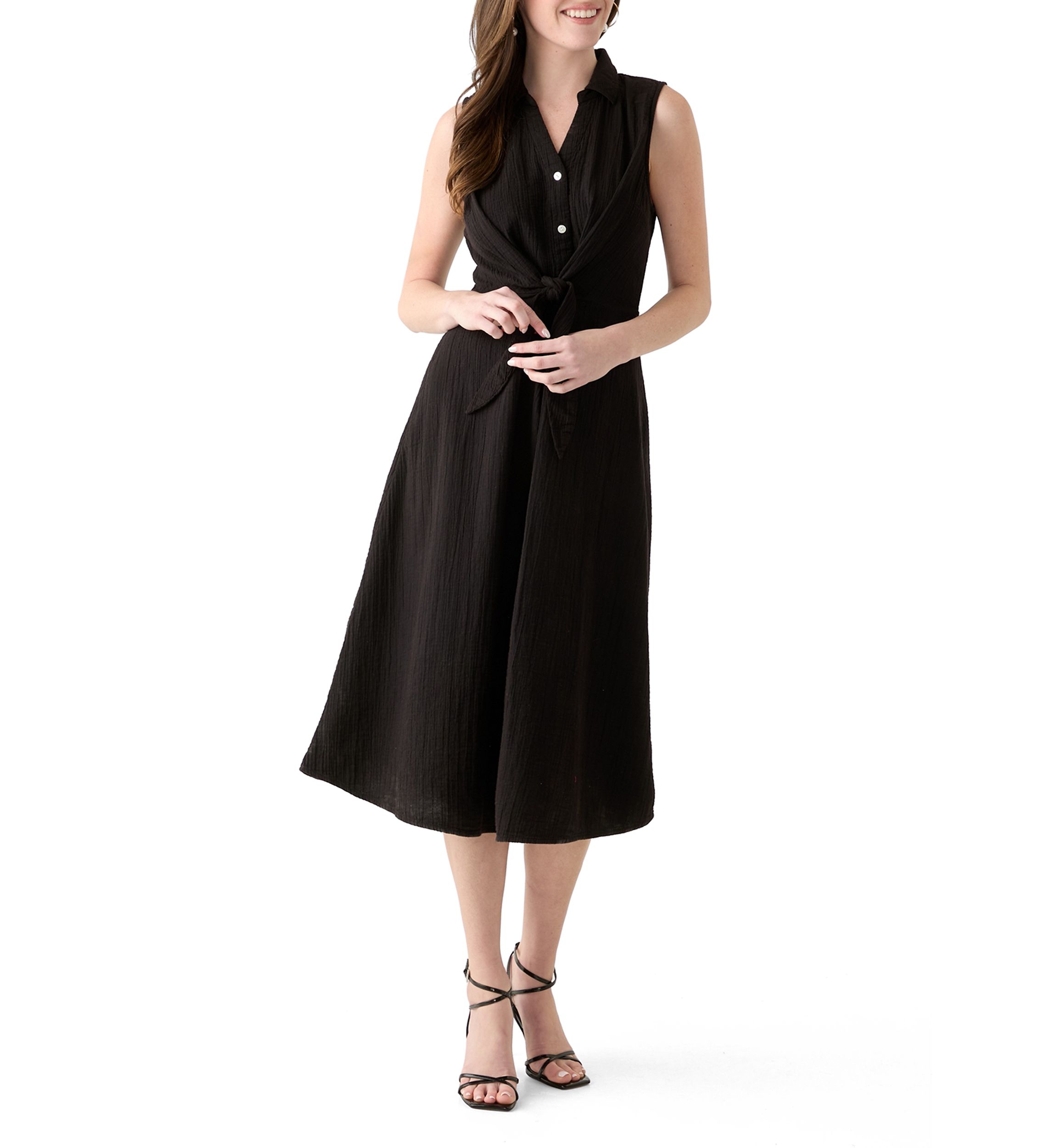 Womens Sleeveless Tie Front Gauze Midi Dress