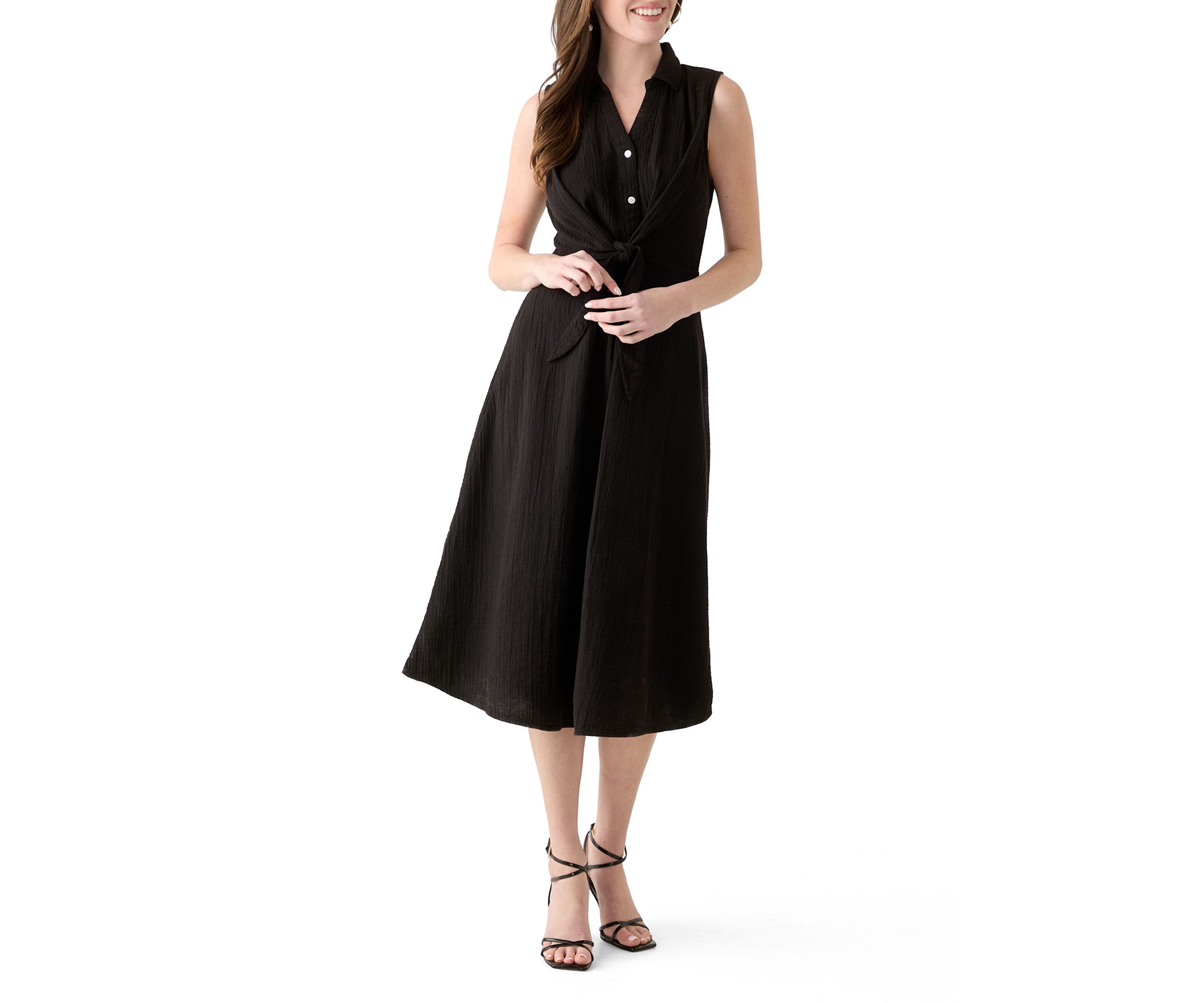 Womens Sleeveless Tie Front Gauze Midi Dress