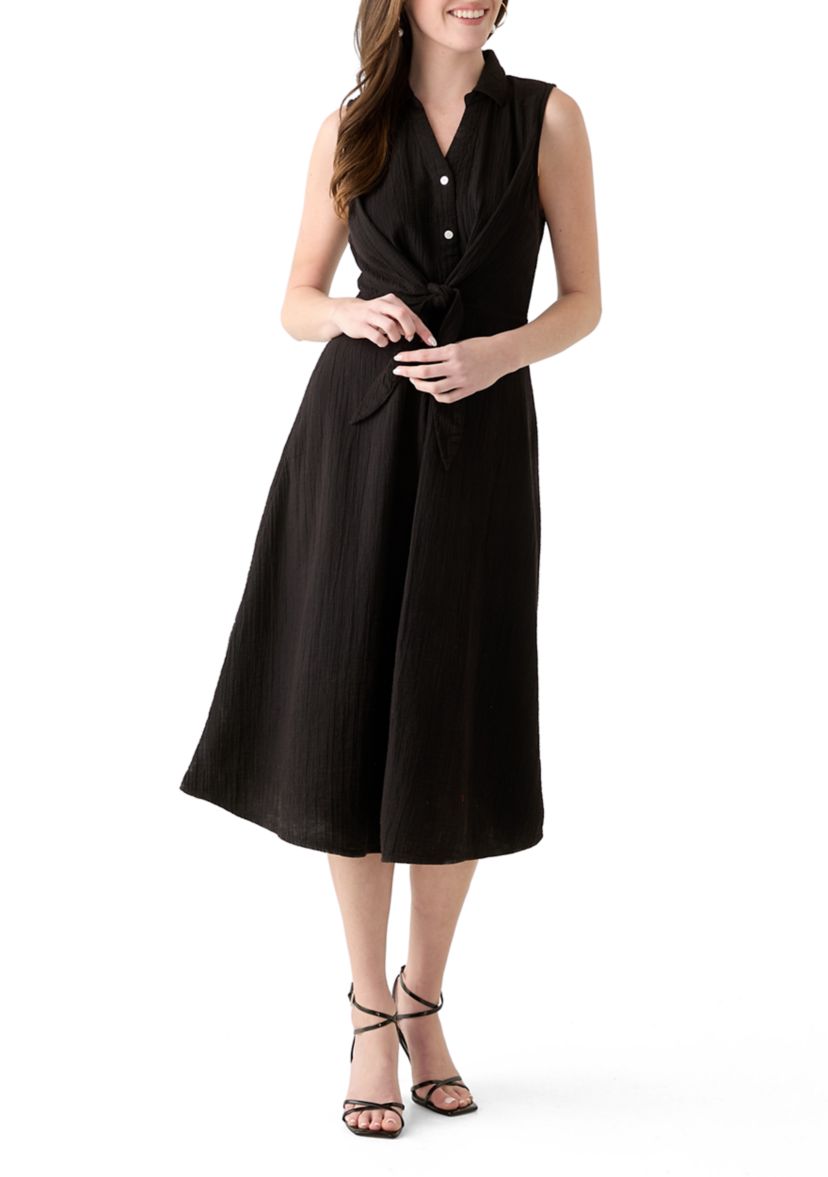 Womens Sleeveless Tie Front Gauze Midi Dress