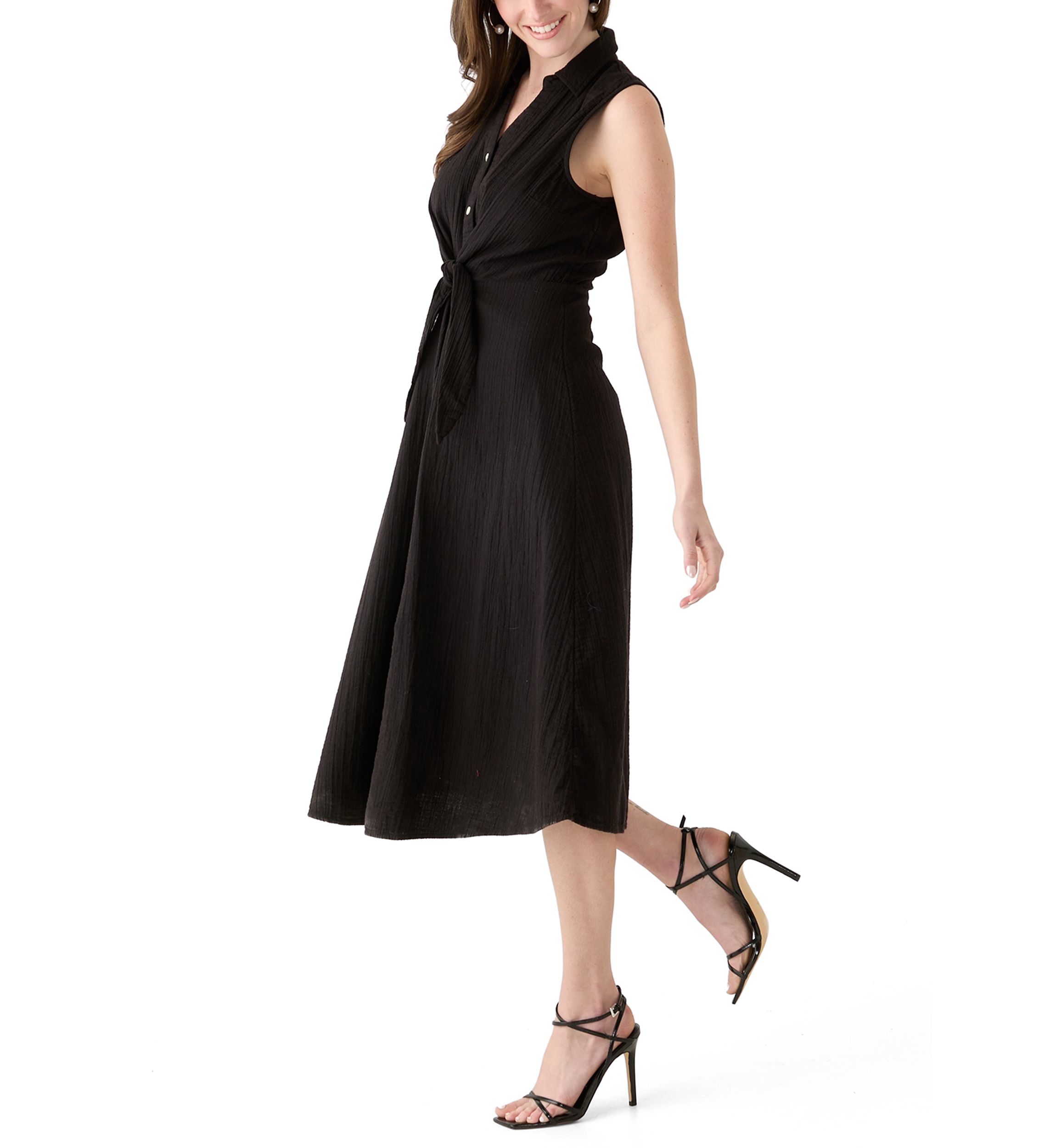 Womens Sleeveless Tie Front Gauze Midi Dress