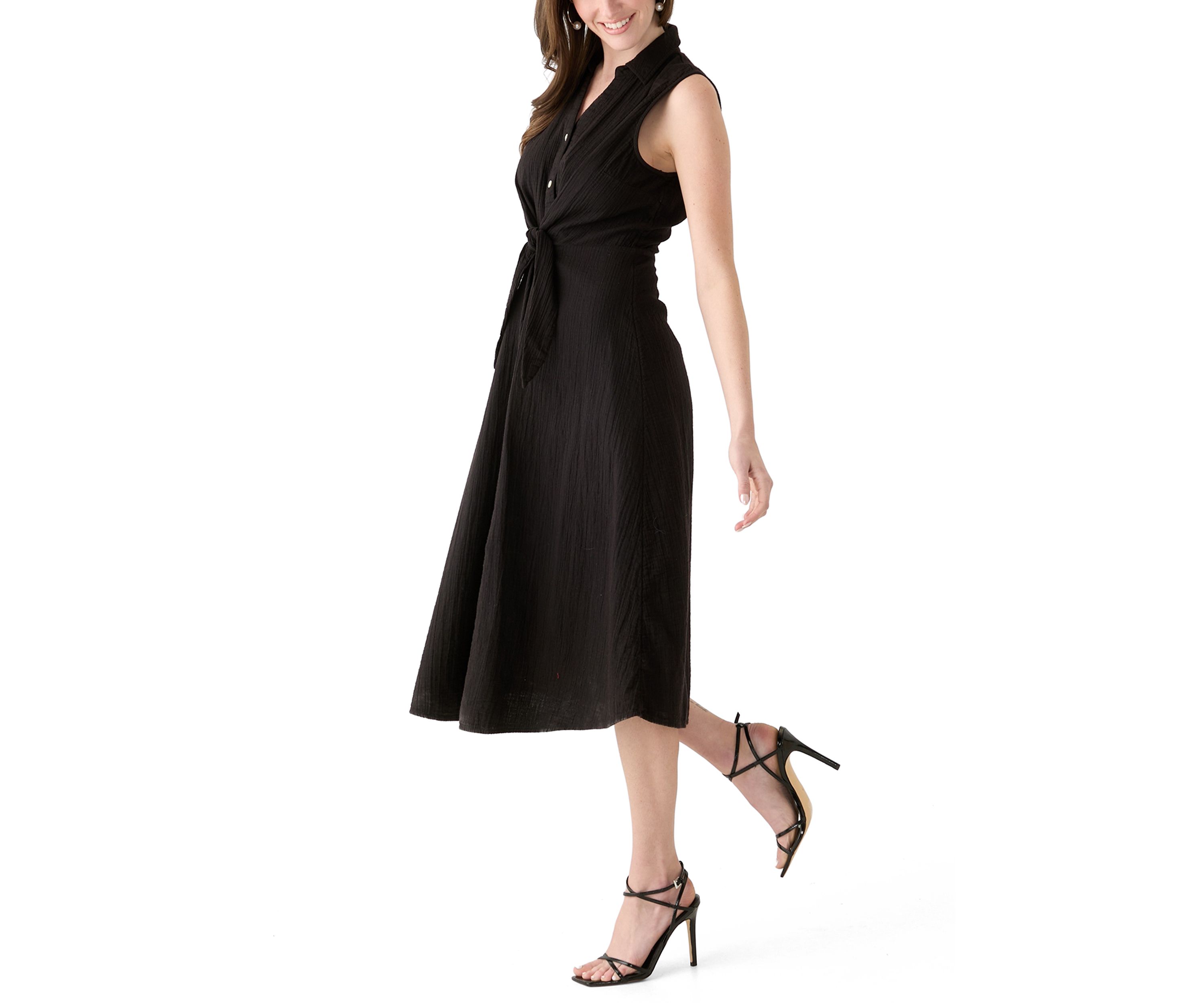 Womens Sleeveless Tie Front Gauze Midi Dress