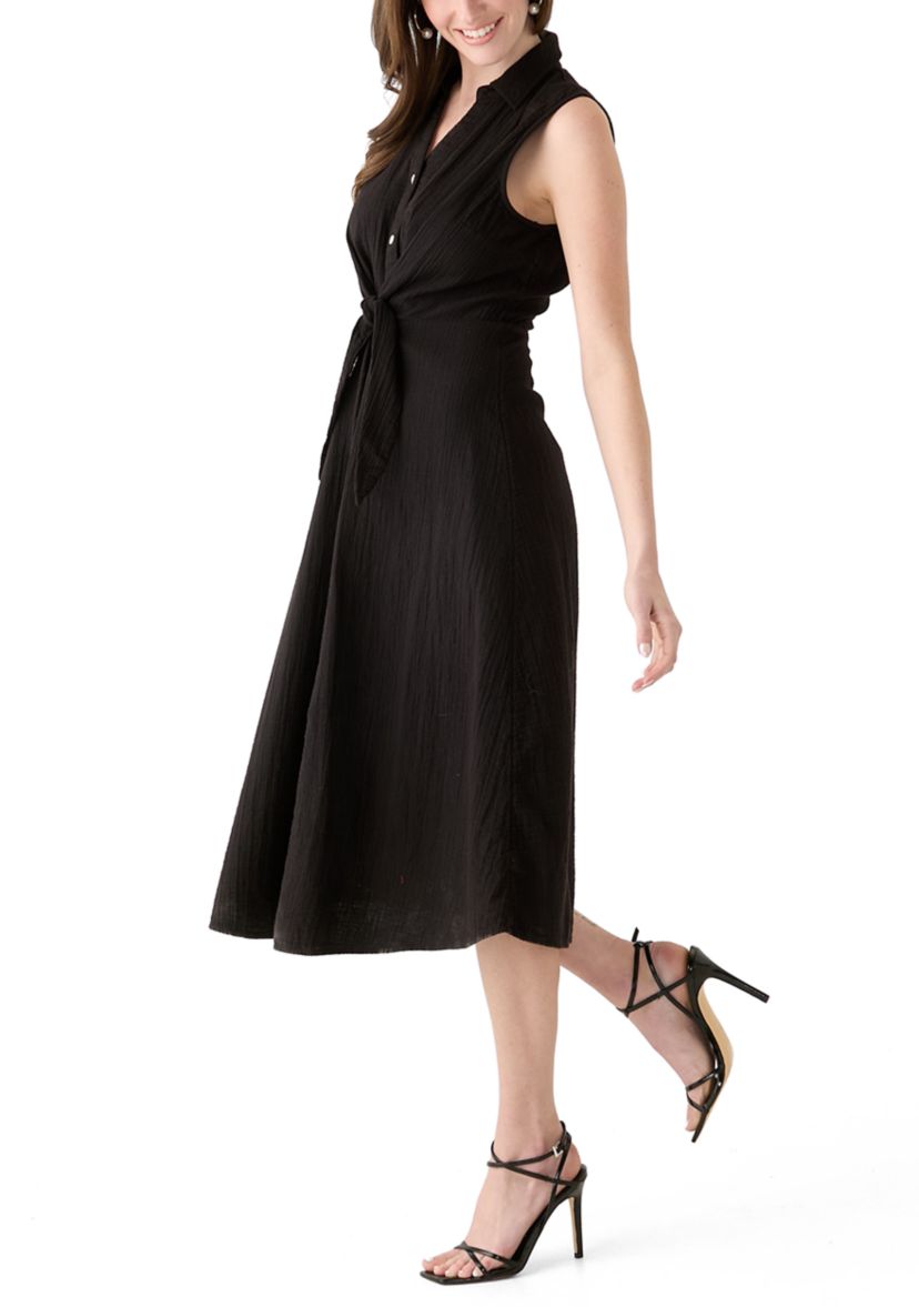 Womens Sleeveless Tie Front Gauze Midi Dress