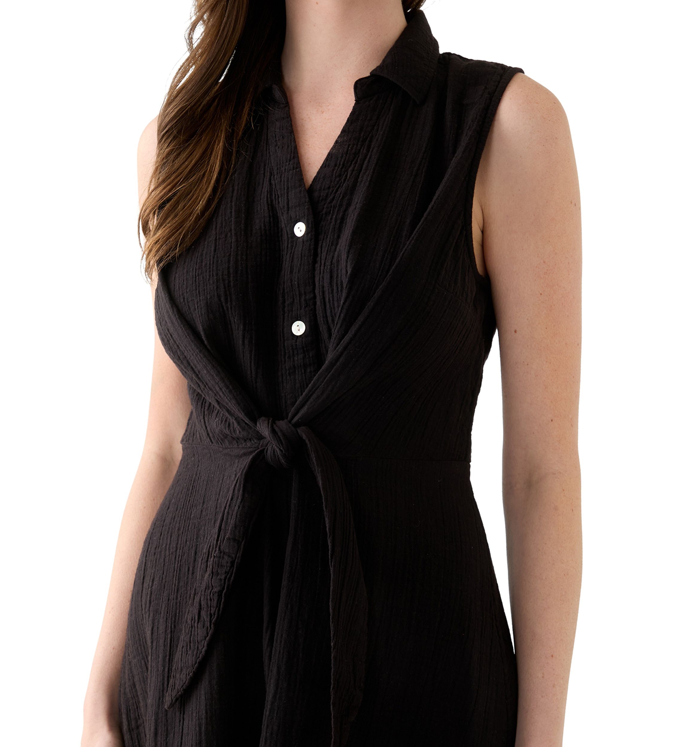 Womens Sleeveless Tie Front Gauze Midi Dress